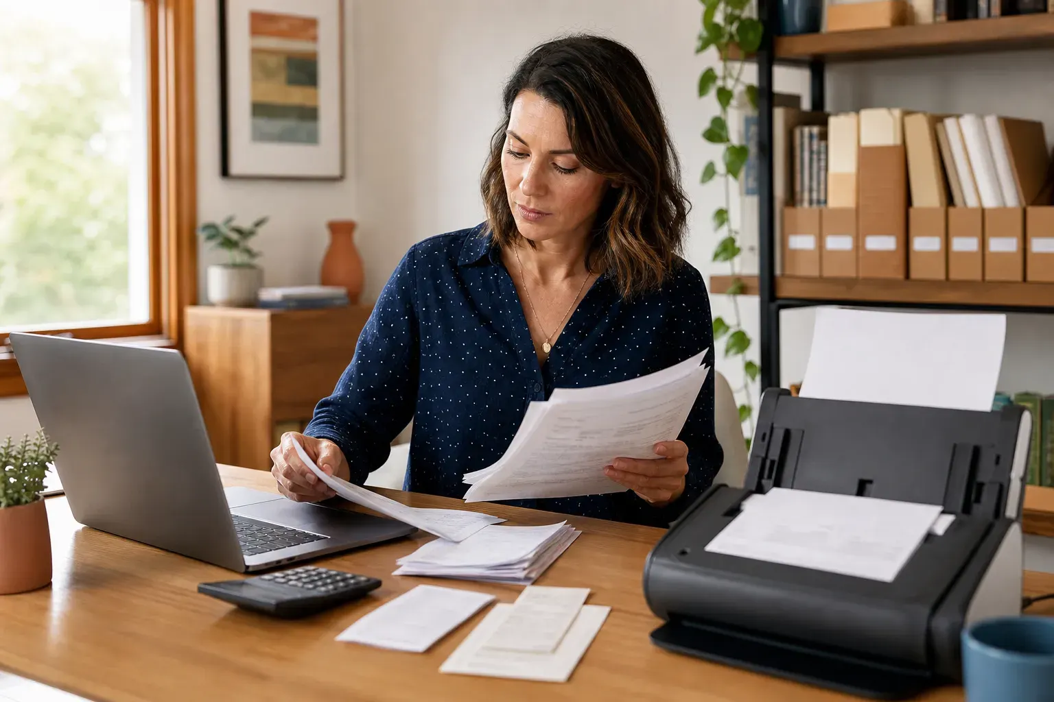 Independent bookkeeper organizing invoices and receipts beside a document scanner