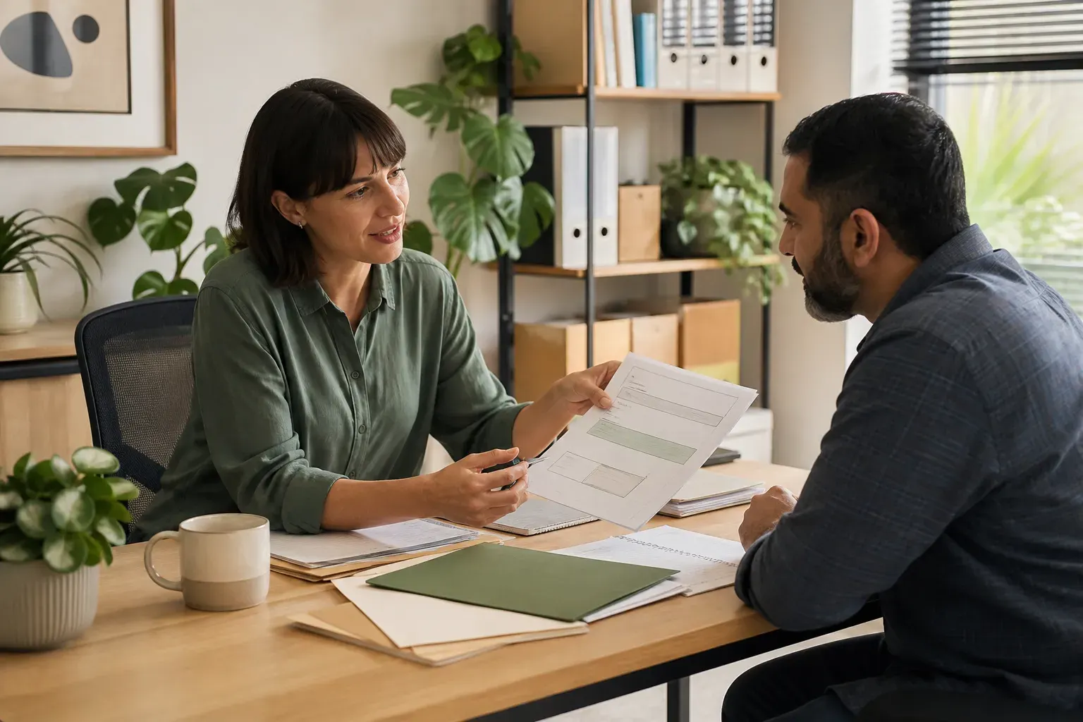 Accounting practice owner discussing organized financial documents with a small-business client