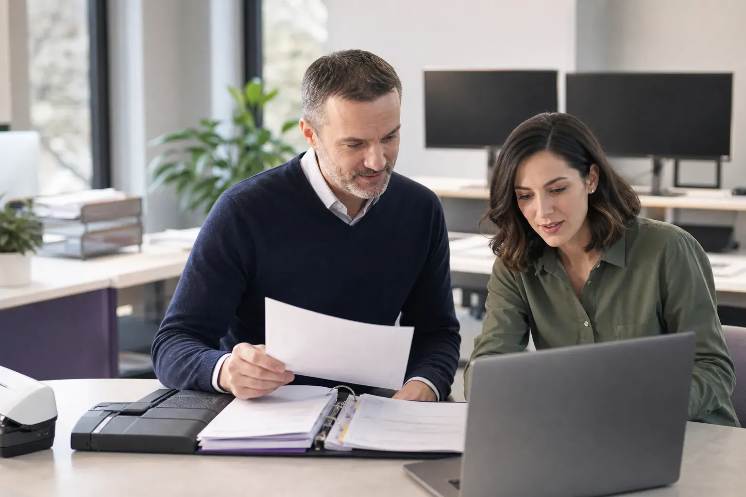 Two client accounting professionals reviewing source documents together