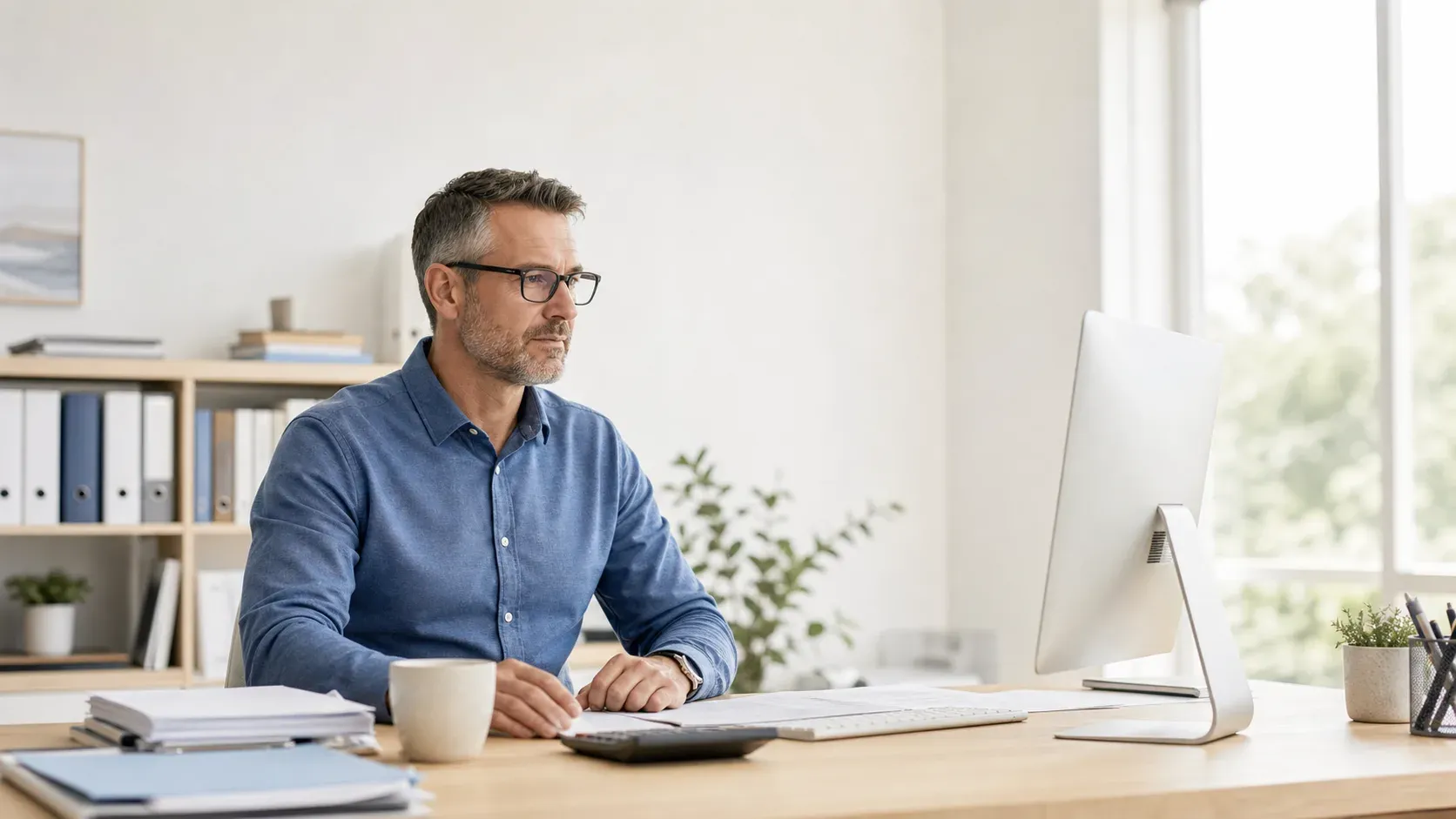 Buchhalter prüft Finanzdokumente an einem Desktop-Computer in einem hellen Büro