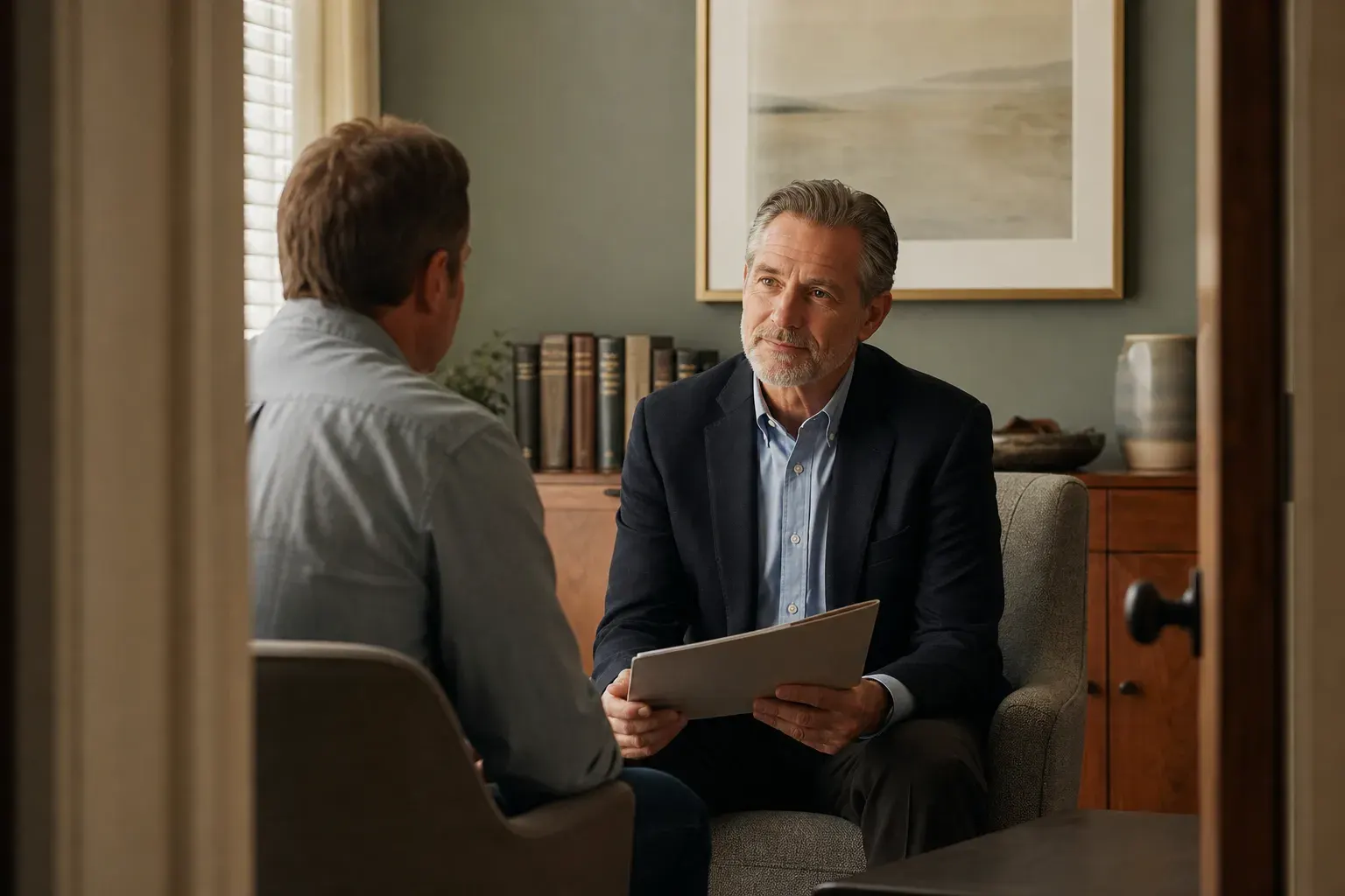 Solo attorney discussing a case file with a client in a private office
