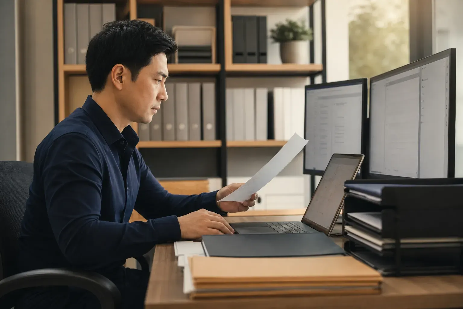 Legal operations specialist reviewing matter documents beside a laptop