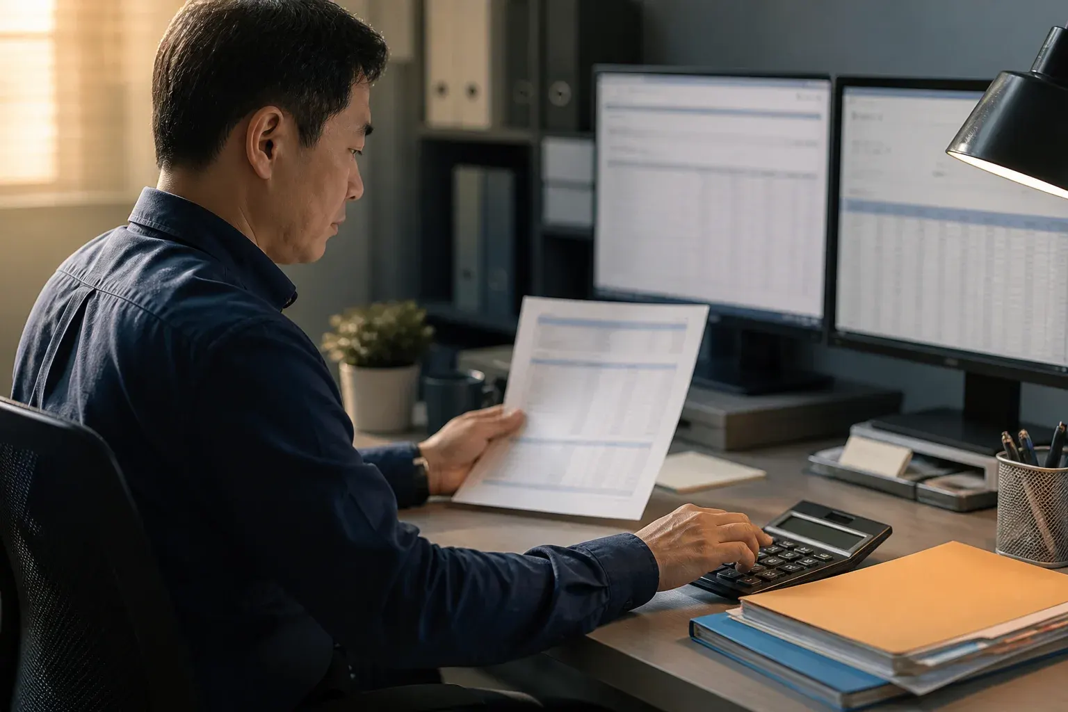 Medical billing specialist reviewing paperwork beside a laptop