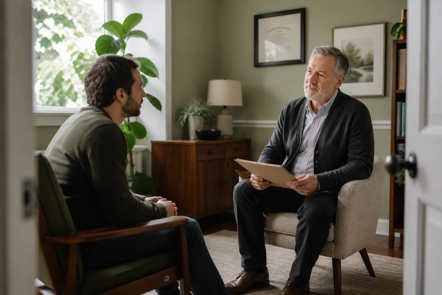 Small-practice physician speaking with a patient in a consultation room