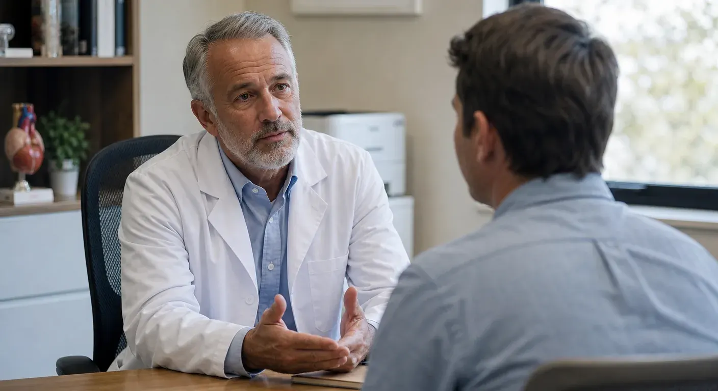 Physician organizing medical records at a desktop computer