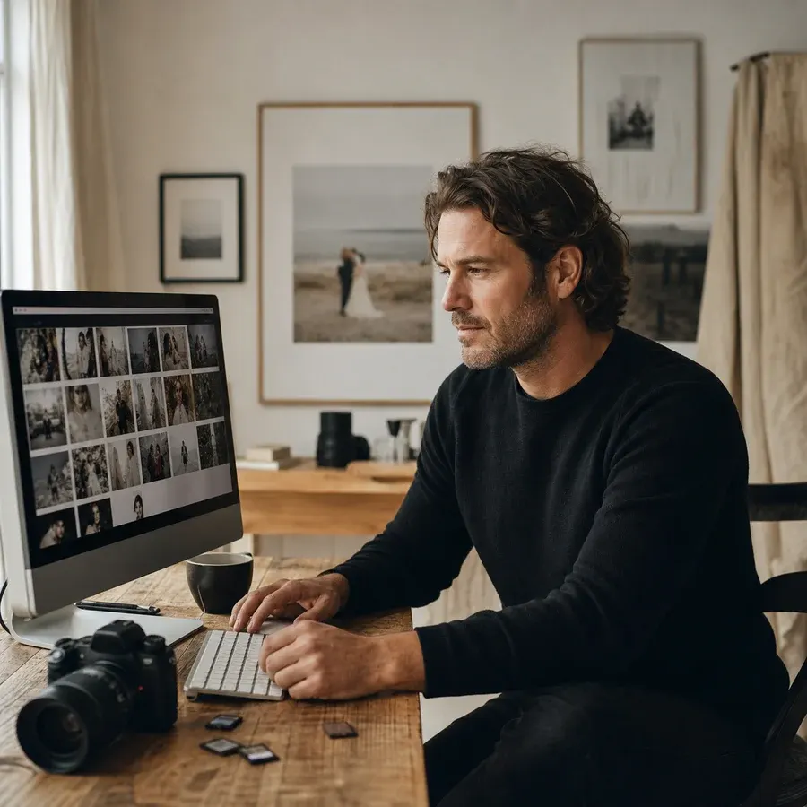 A professional photographer sorting a wedding shoot at a studio computer