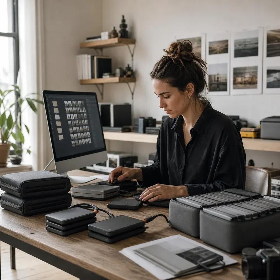 A studio producer organizing photo and video drives at a shared workspace