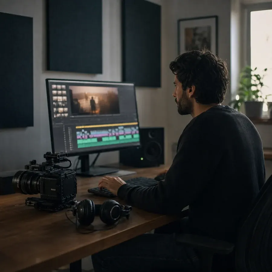 A videographer reviewing footage in a compact editing suite