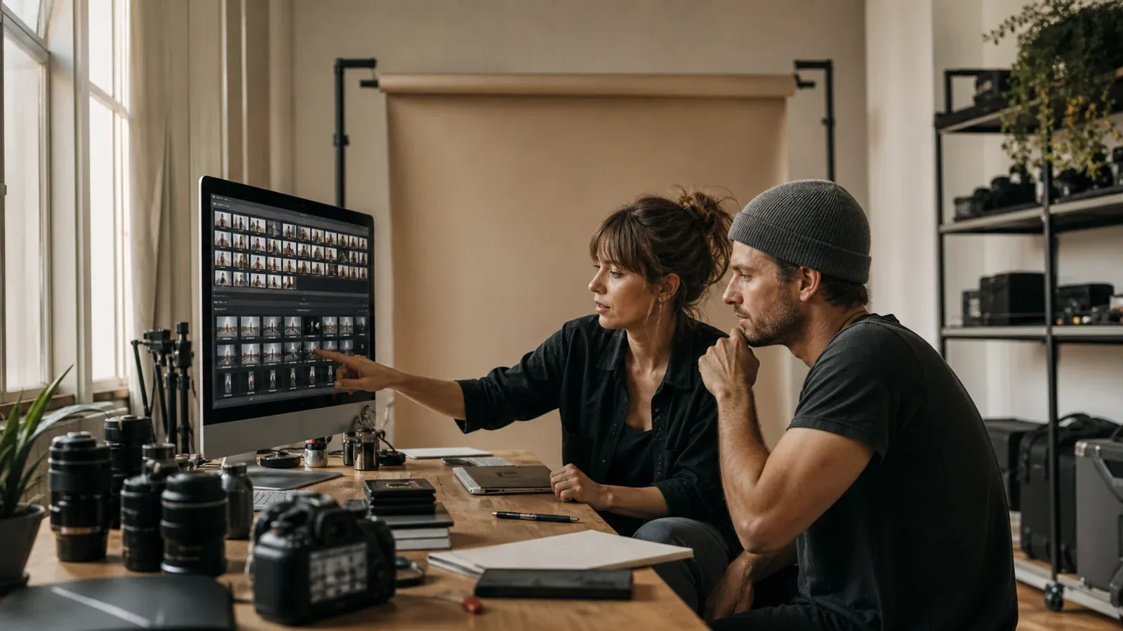 Ein Fotograf und ein Videofilmer prüfen gemeinsam eine Fotoserie in einem Tageslichtstudio