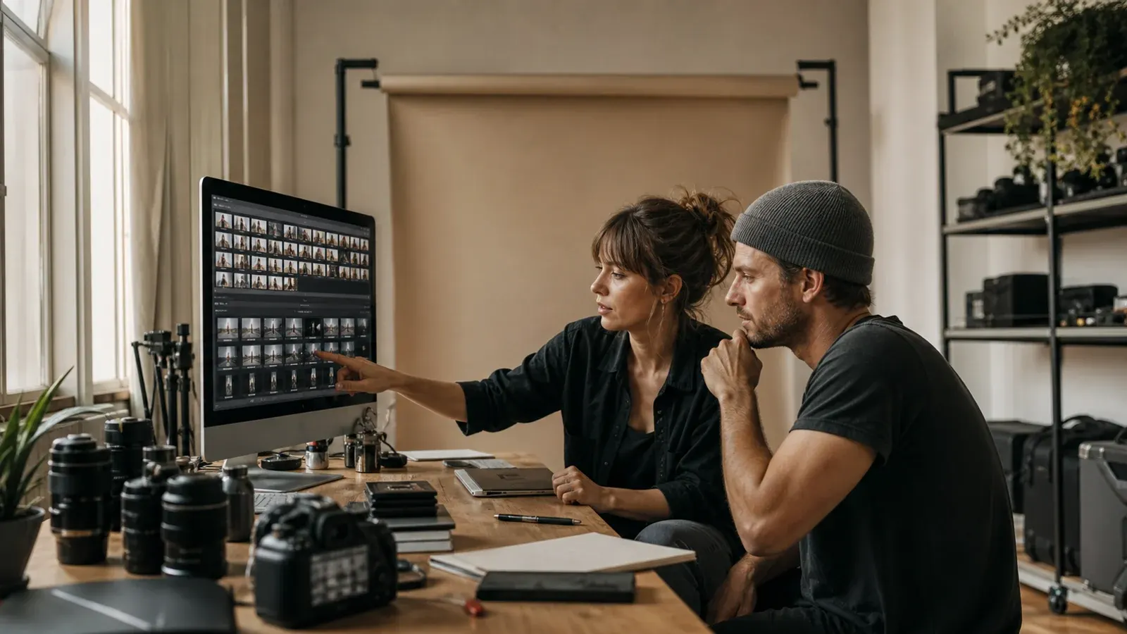 Photographer and videographer reviewing a shoot together in a studio