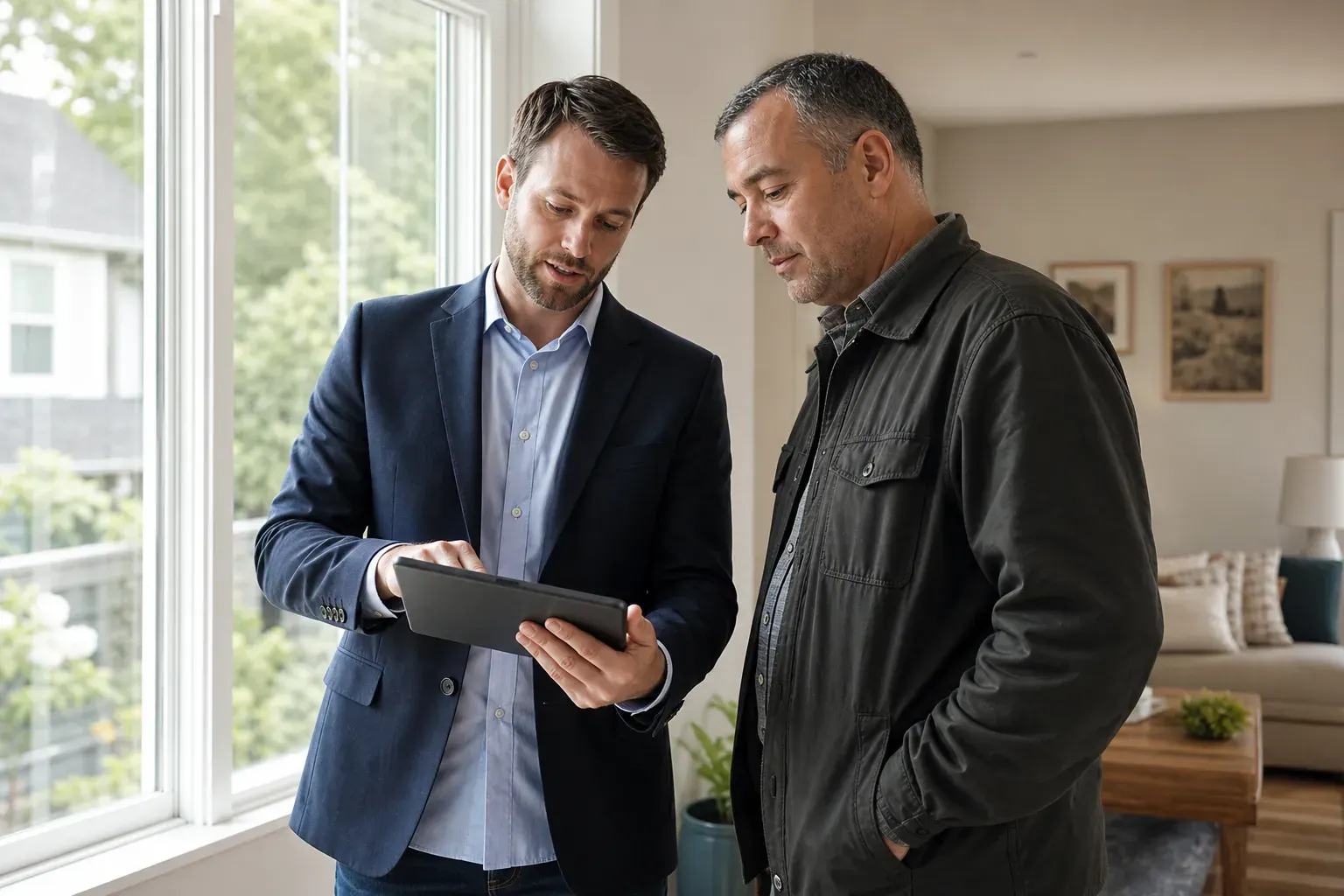 A real estate agent reviewing an inspection report with a home inspector at a property