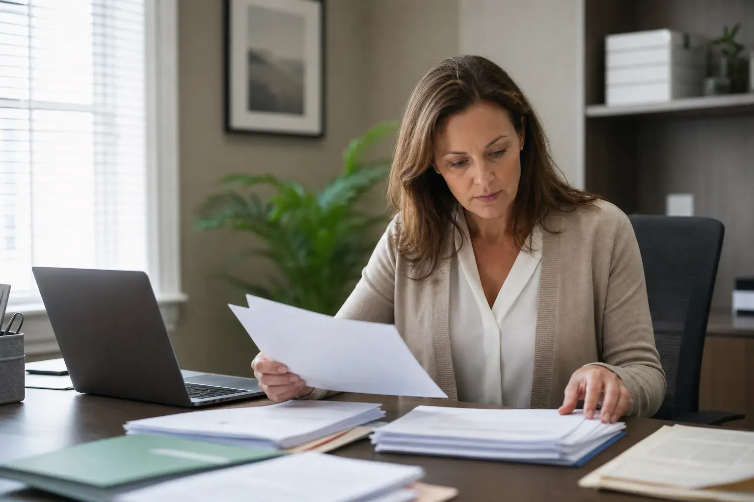 A real estate transaction coordinator reviewing closing documents beside a laptop