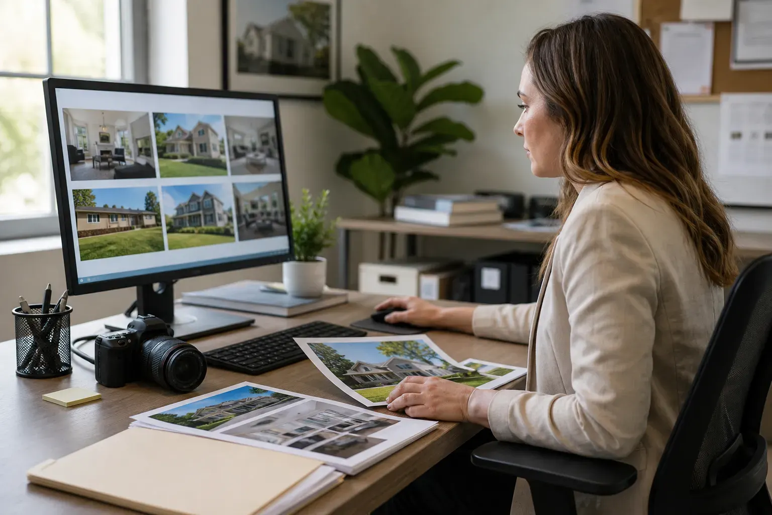 A listing specialist organizing property photos and transaction files at a desktop computer
