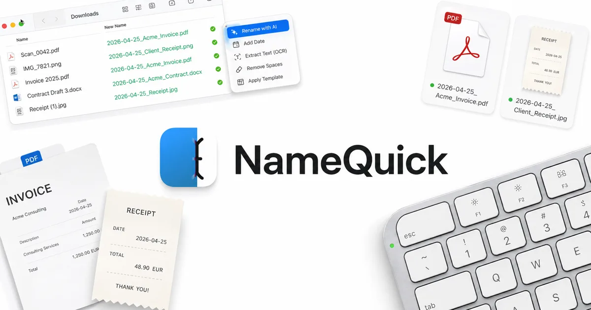 Immagine promozionale di NameQuick con fatture, ricevute e contratti scansionati rinominati con date e nomi dei fornitori
