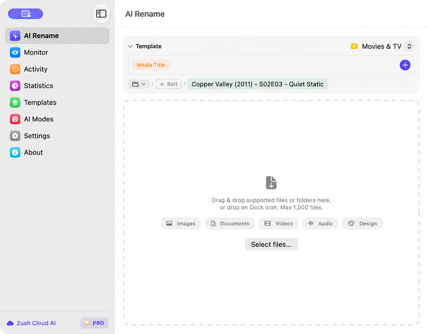 Zush AI Rename with the Movies & TV template selected and its Media Title naming block visible.