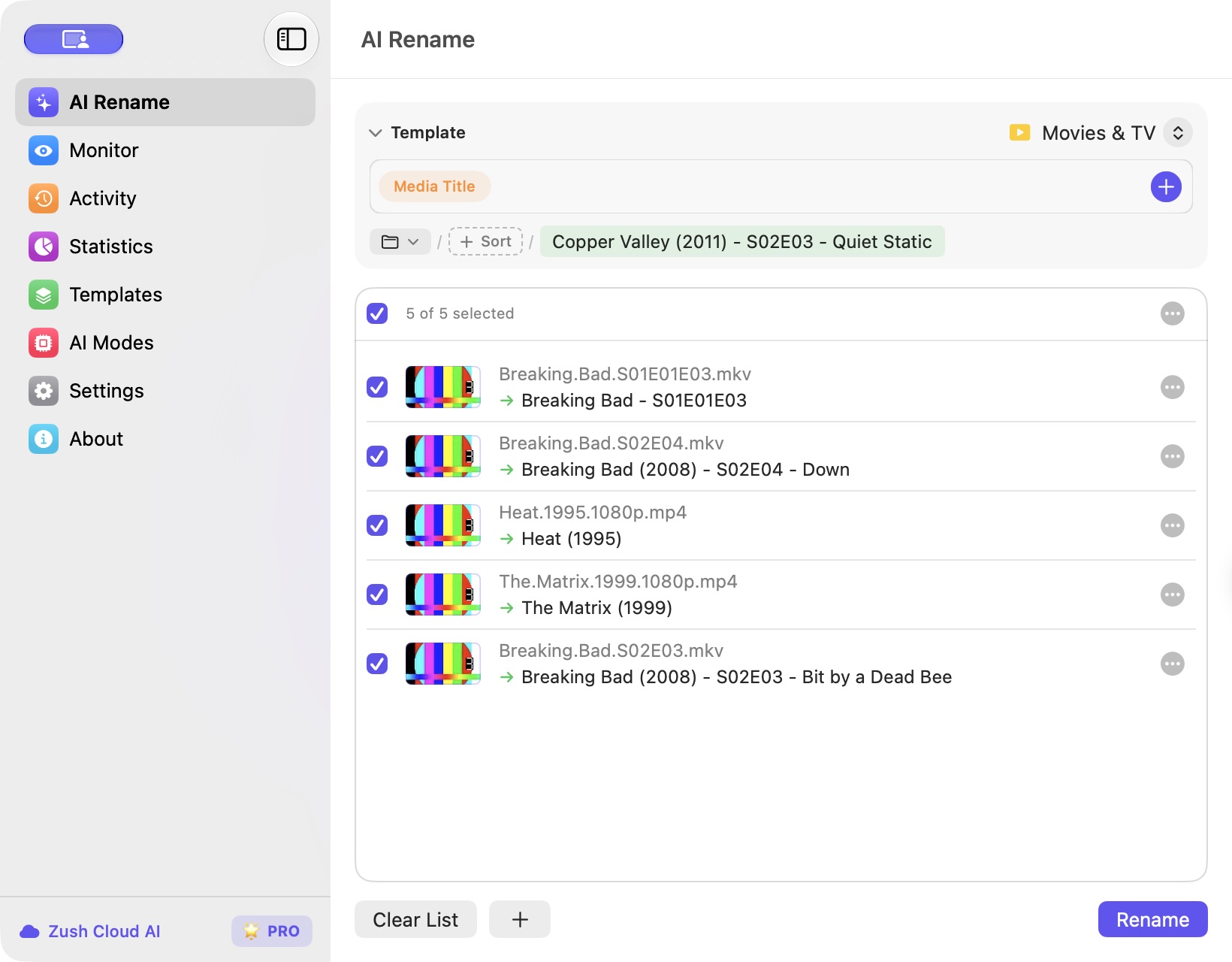 Zush preview showing proposed names for movies and TV episodes before the Rename button is pressed, including one ambiguous episode filename that needs review.