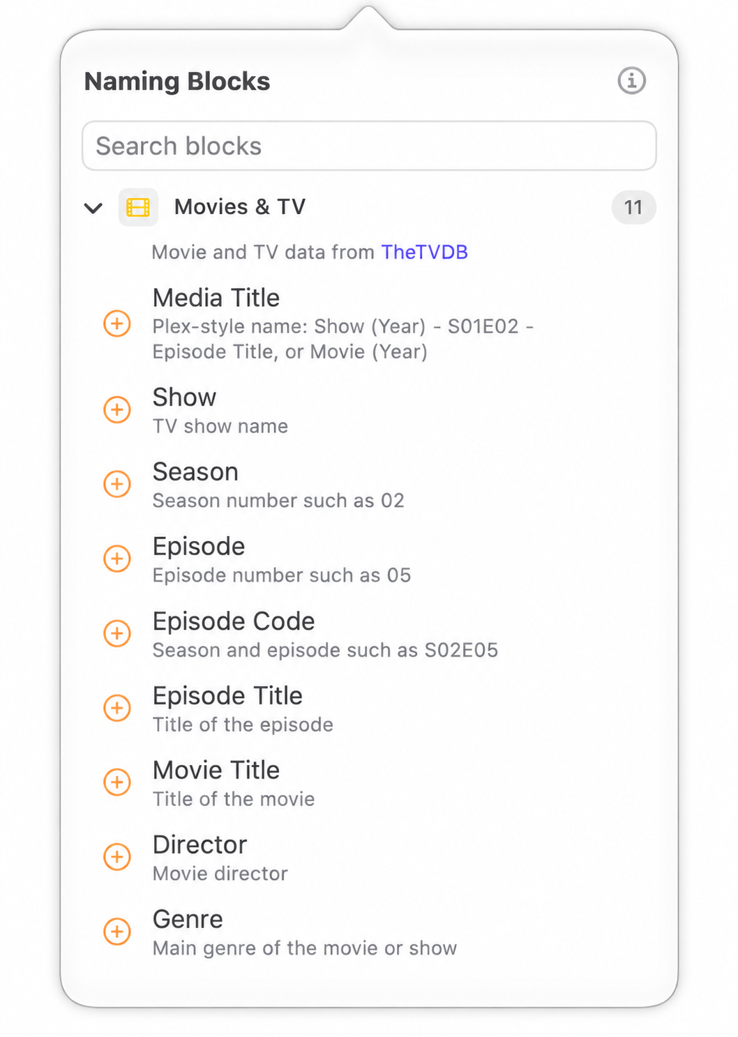 Zush Naming Blocks catalog expanded to Movies & TV, showing Media Title, Show, Season, Episode, Episode Code, Episode Title, Movie Title, Director, and Genre.