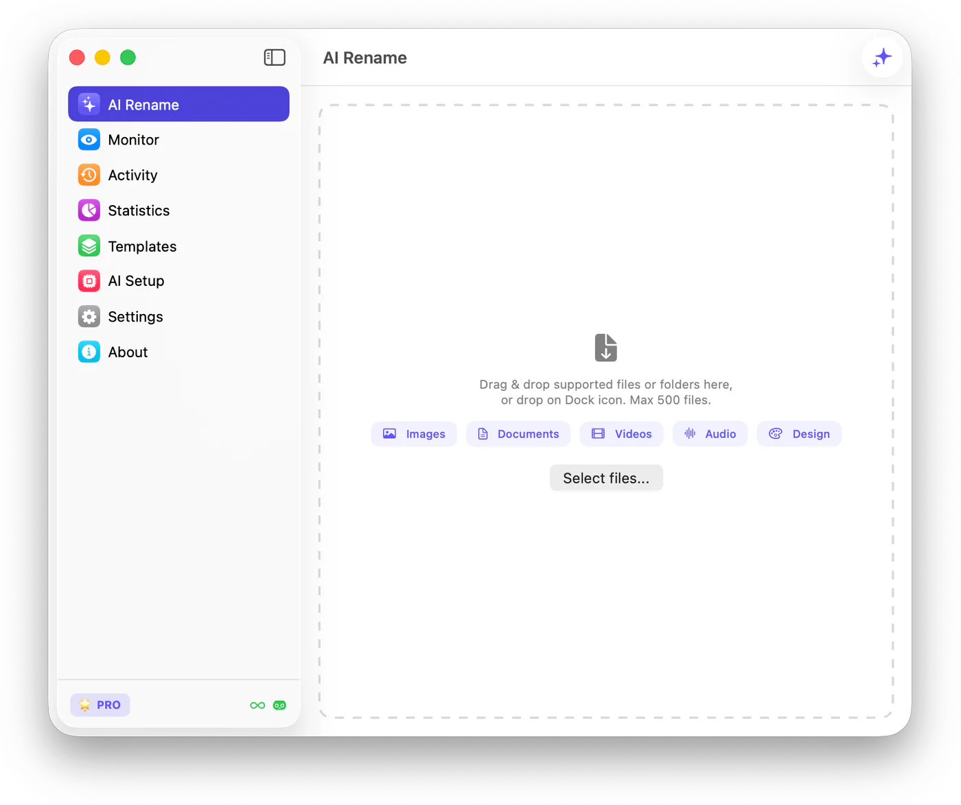 The AI Rename screen with an empty drop zone for adding files and folders.