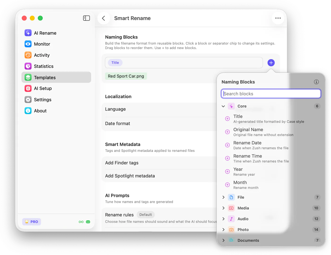 The Naming Blocks picker showing searchable block categories and core blocks such as Title, Original Name, Rename Date, Rename Time, Year, and Month.