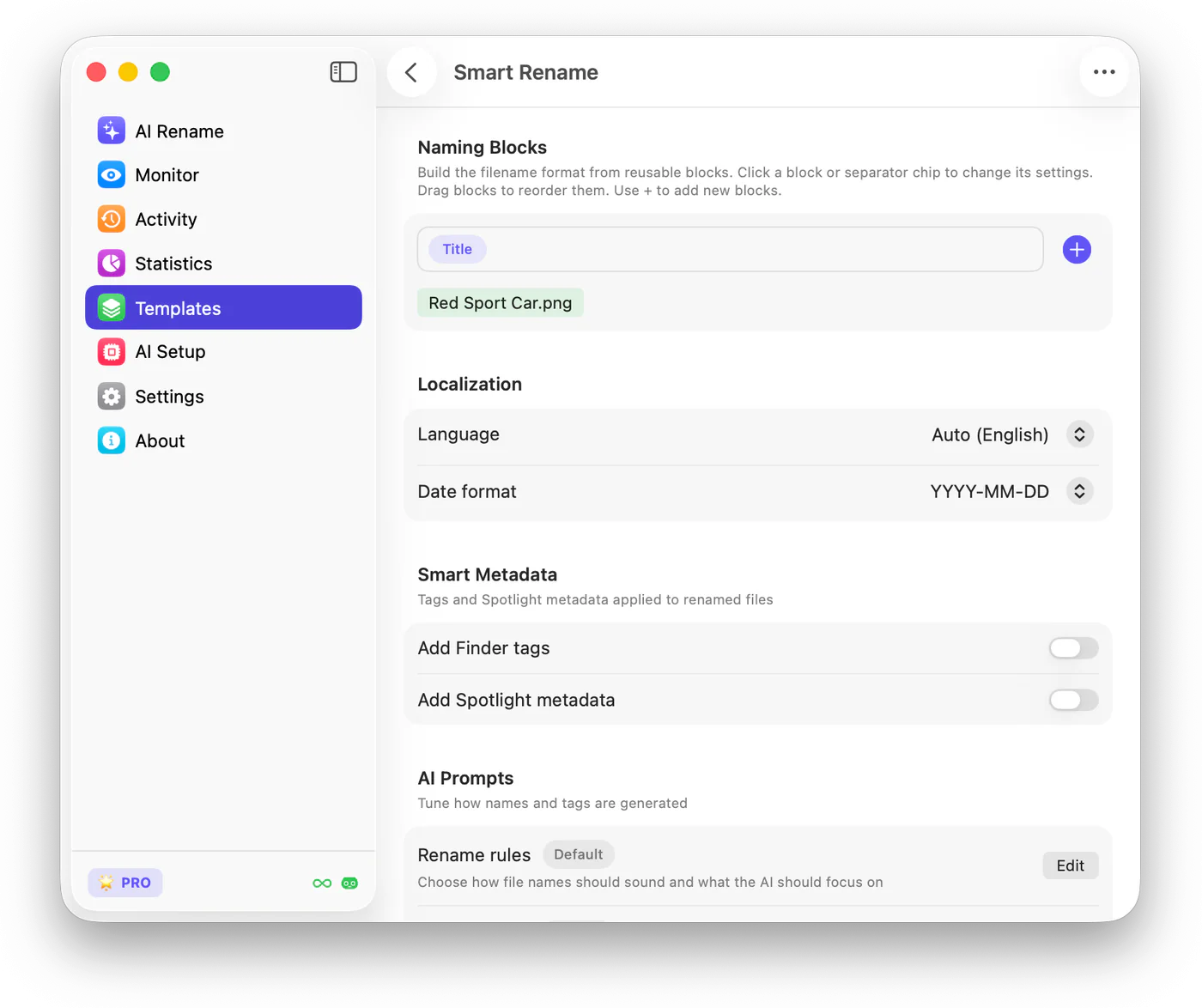 The Smart Rename Template showing its Naming Blocks and related settings.