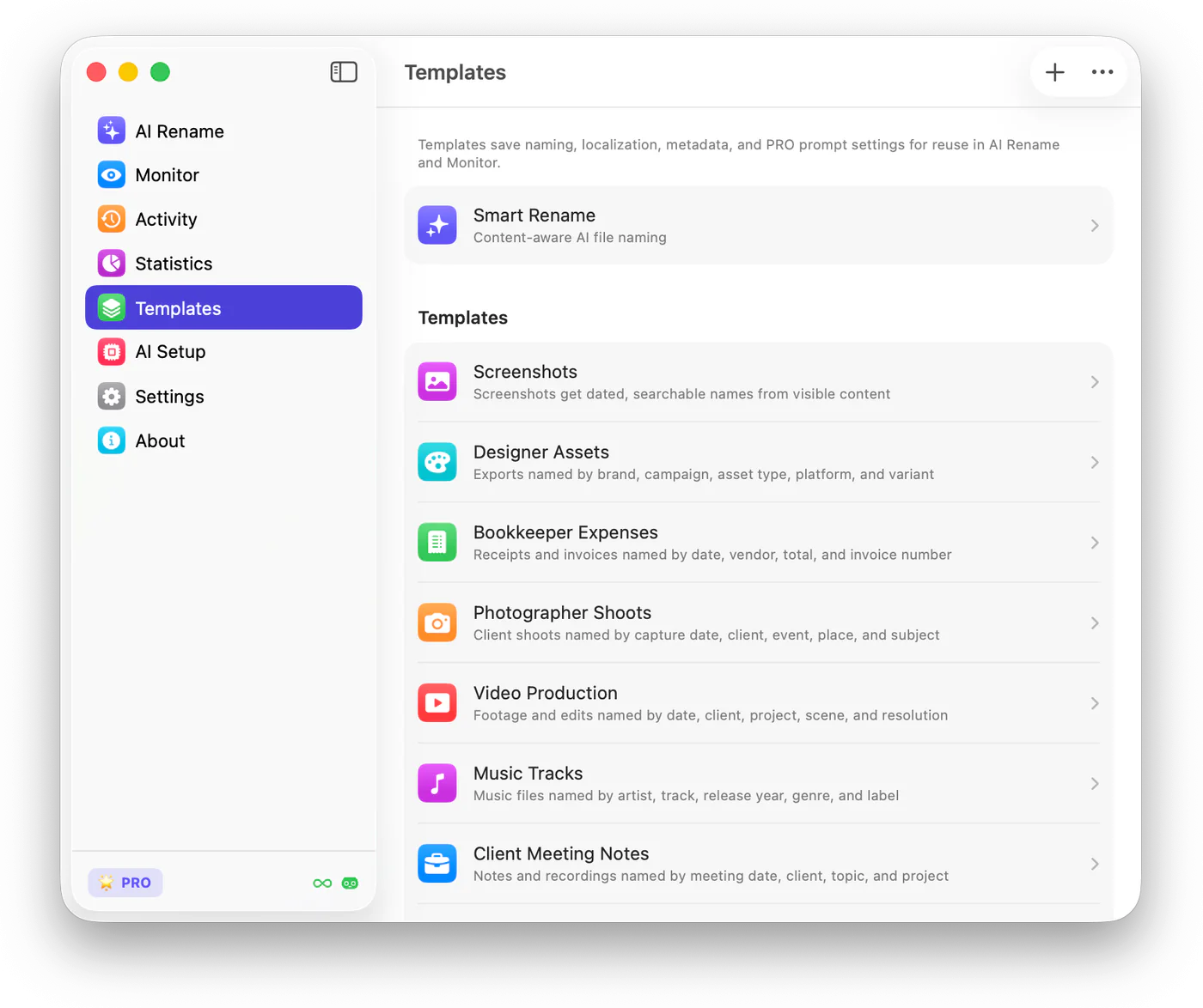 The Templates screen in Zush showing Smart Rename and reusable workflow templates.