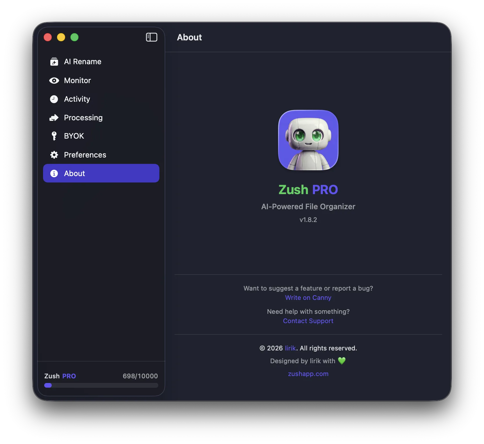 Zush upgrade to PRO dialog showing one-time ten dollar payment with ten thousand credits and unlimited BYOK