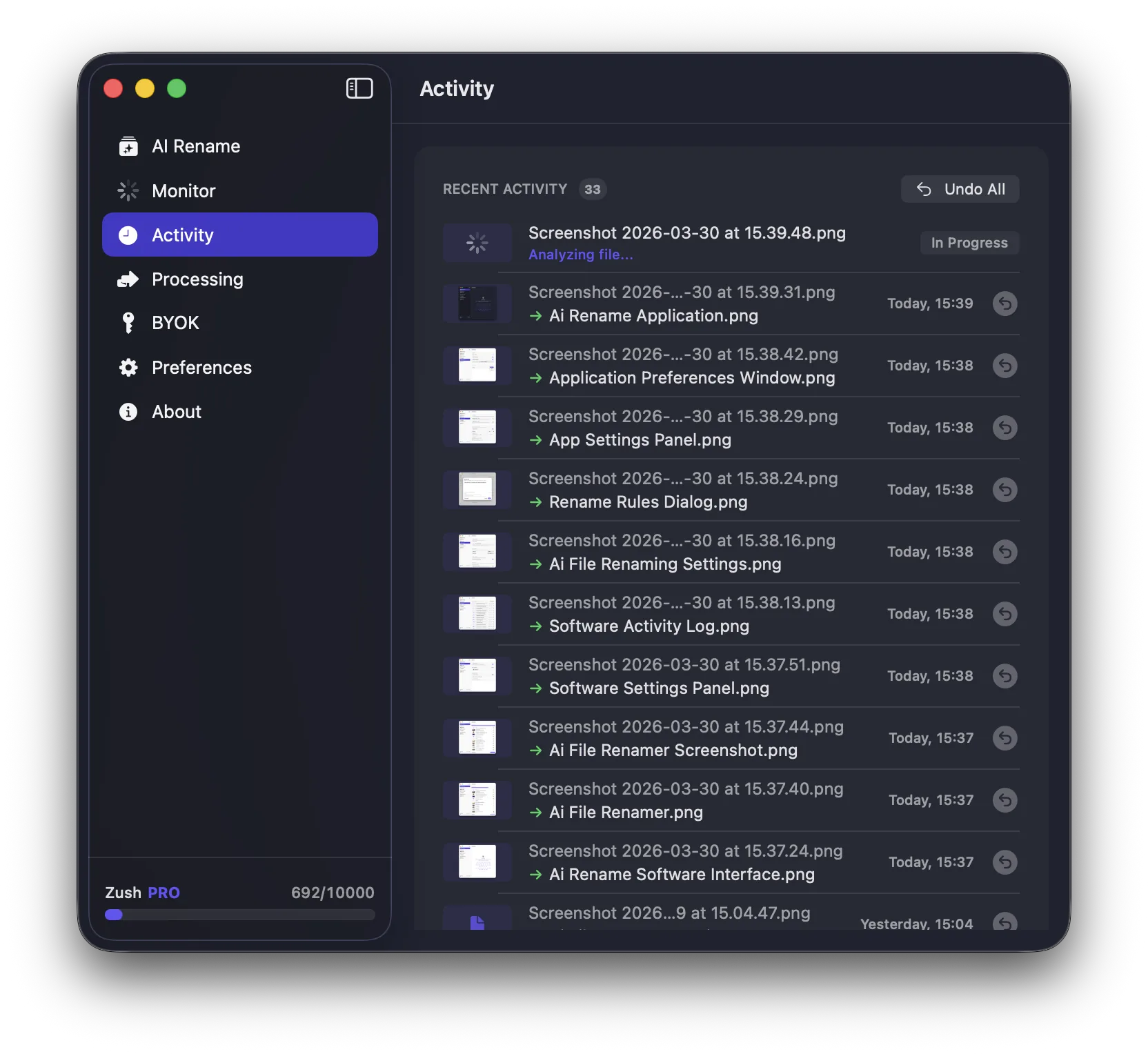 Zush activity log showing rename history with one-click undo