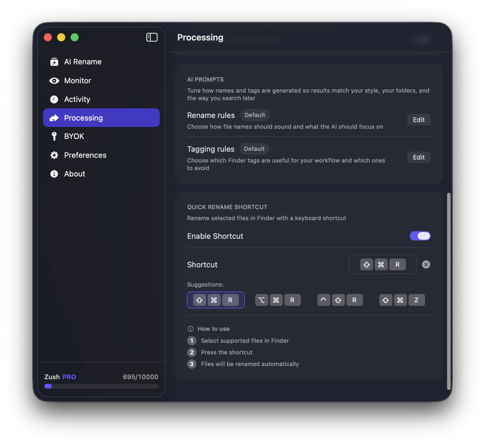 Zush AI processing settings with custom prompts and rename rules