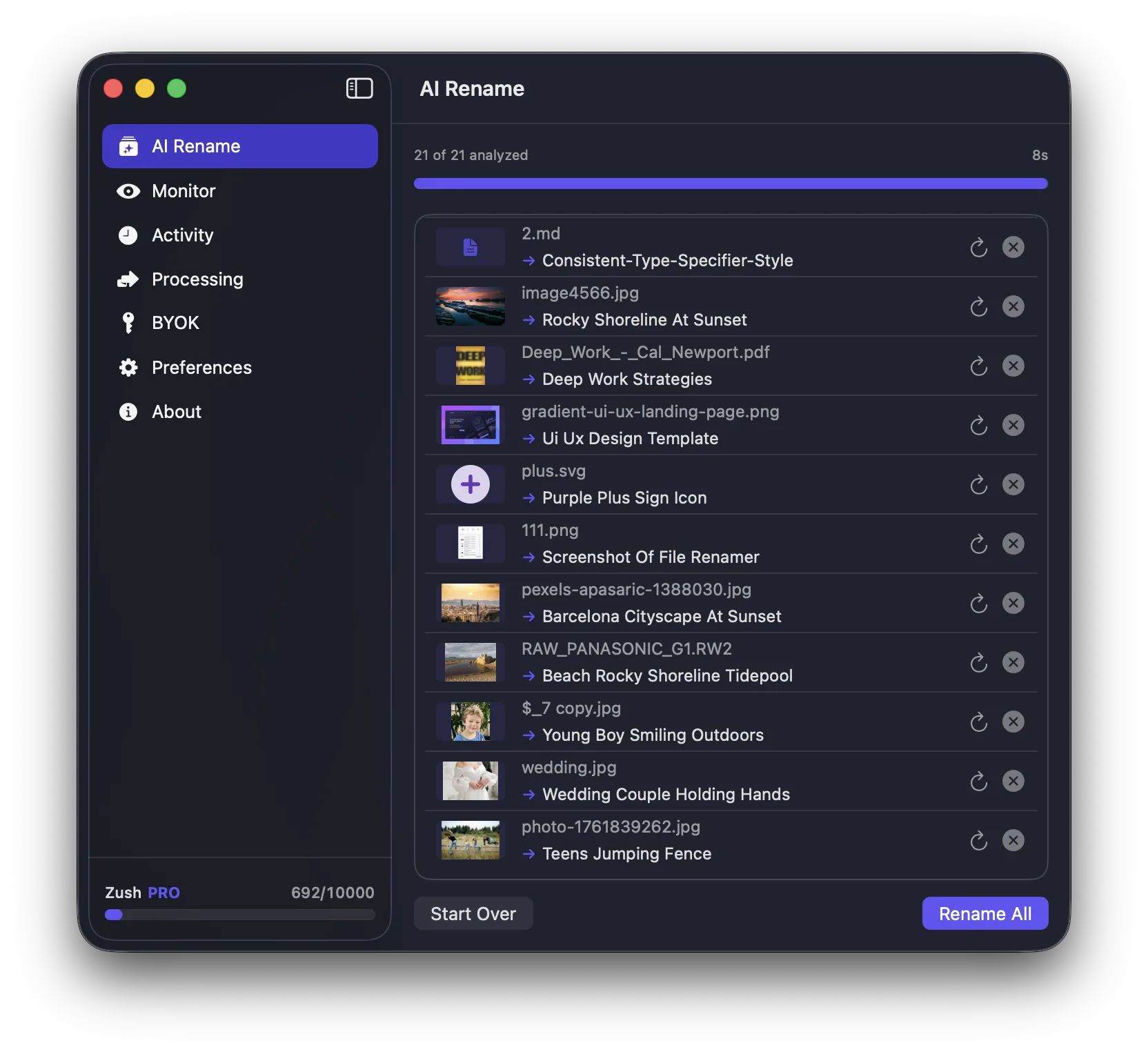 Zush AI rename results showing files with before and after names and green checkmarks