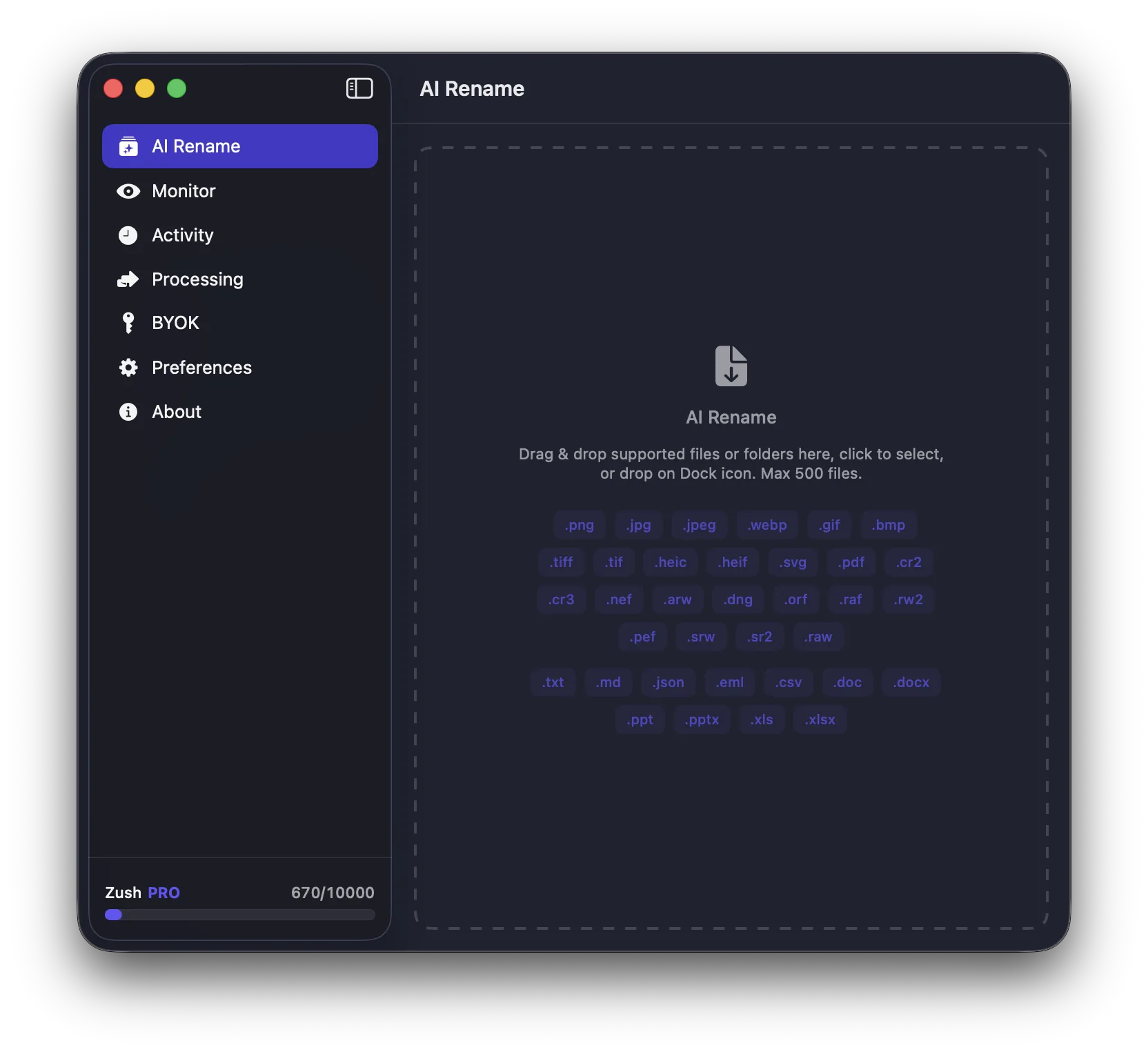 Zush main AI Rename screen showing supported file format badges and PRO features
