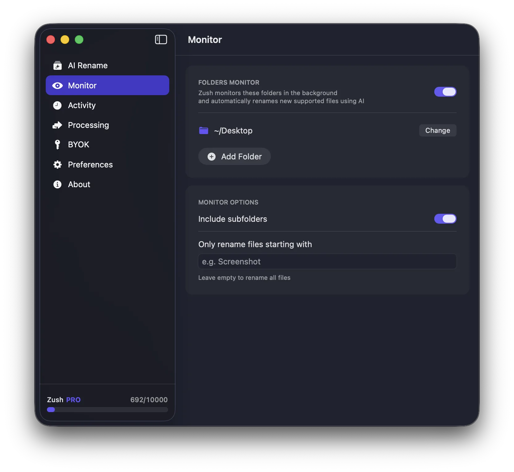 Zush monitor tab showing folder monitoring configuration with Desktop folder selected