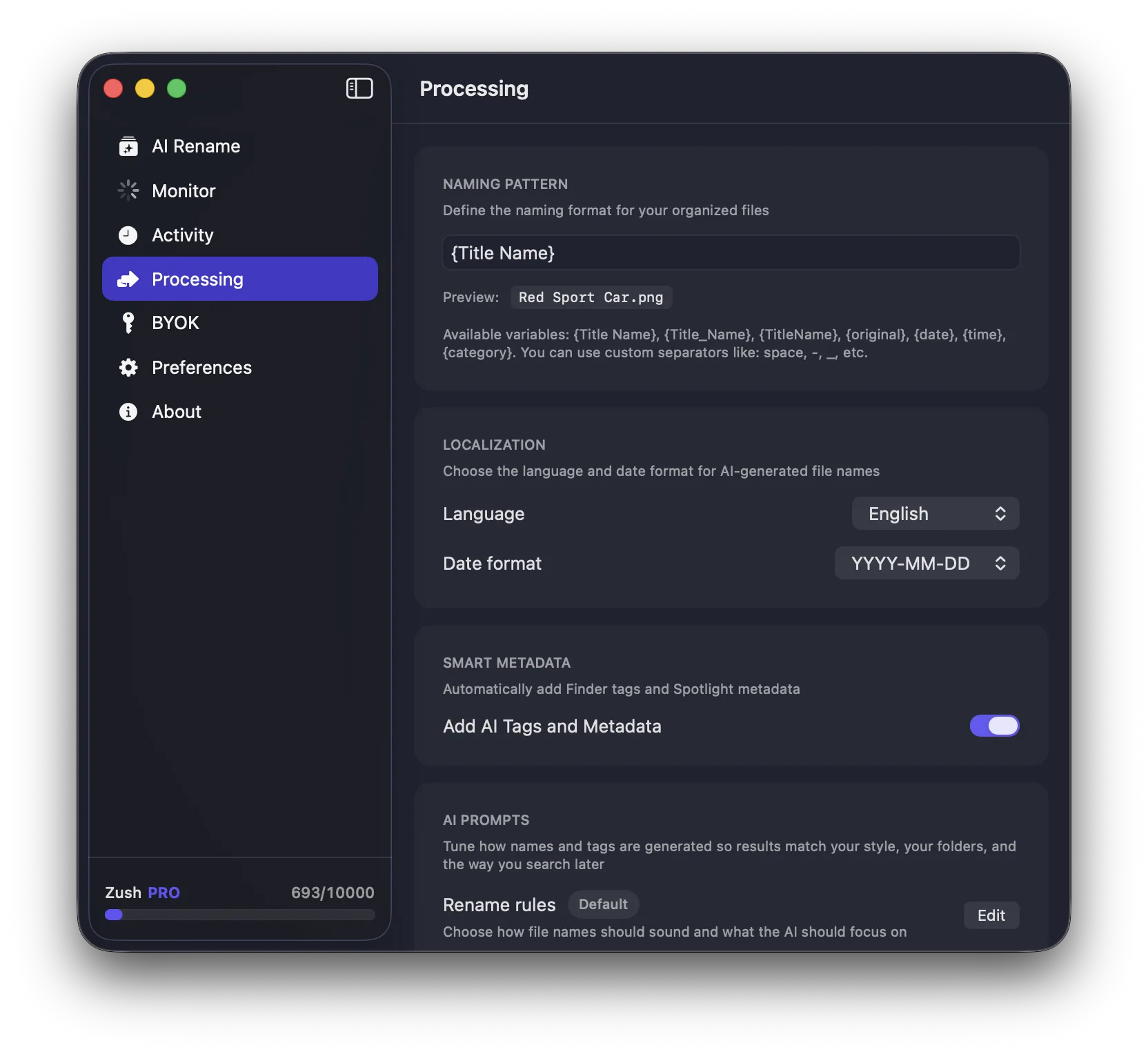 Zush processing tab showing naming pattern configuration with title name format and localization options