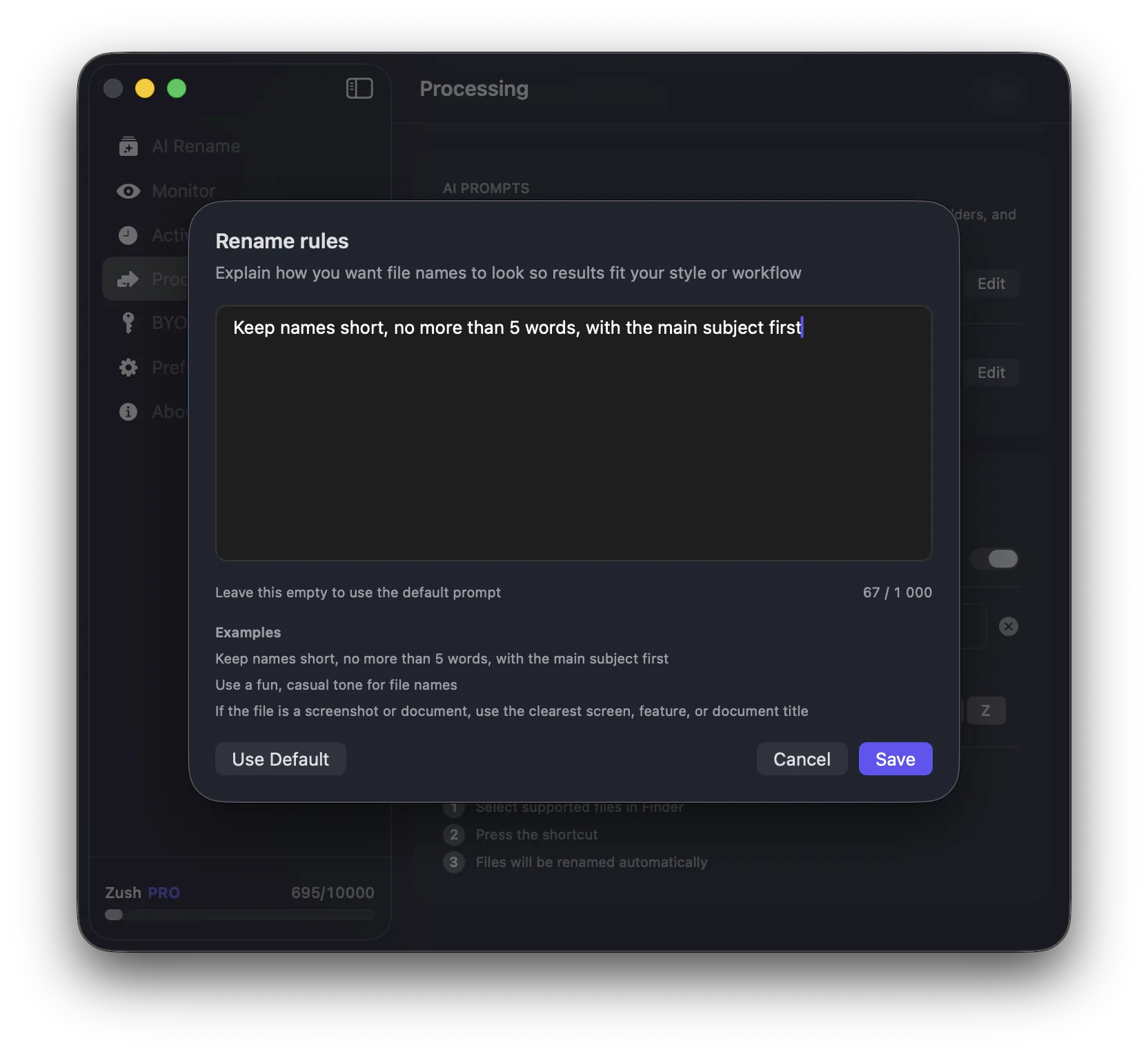 Zush custom rename rules dialog for configuring AI naming behavior