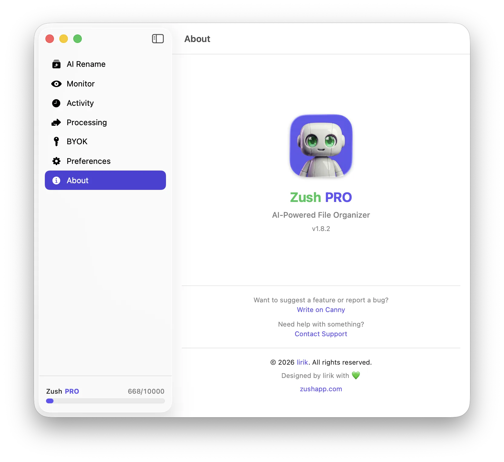 Zush upgrade to PRO dialog showing one-time ten dollar payment with ten thousand credits and unlimited BYOK