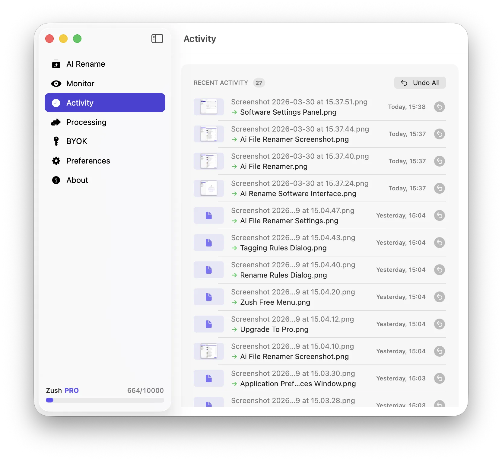Zush activity log showing rename history with one-click undo