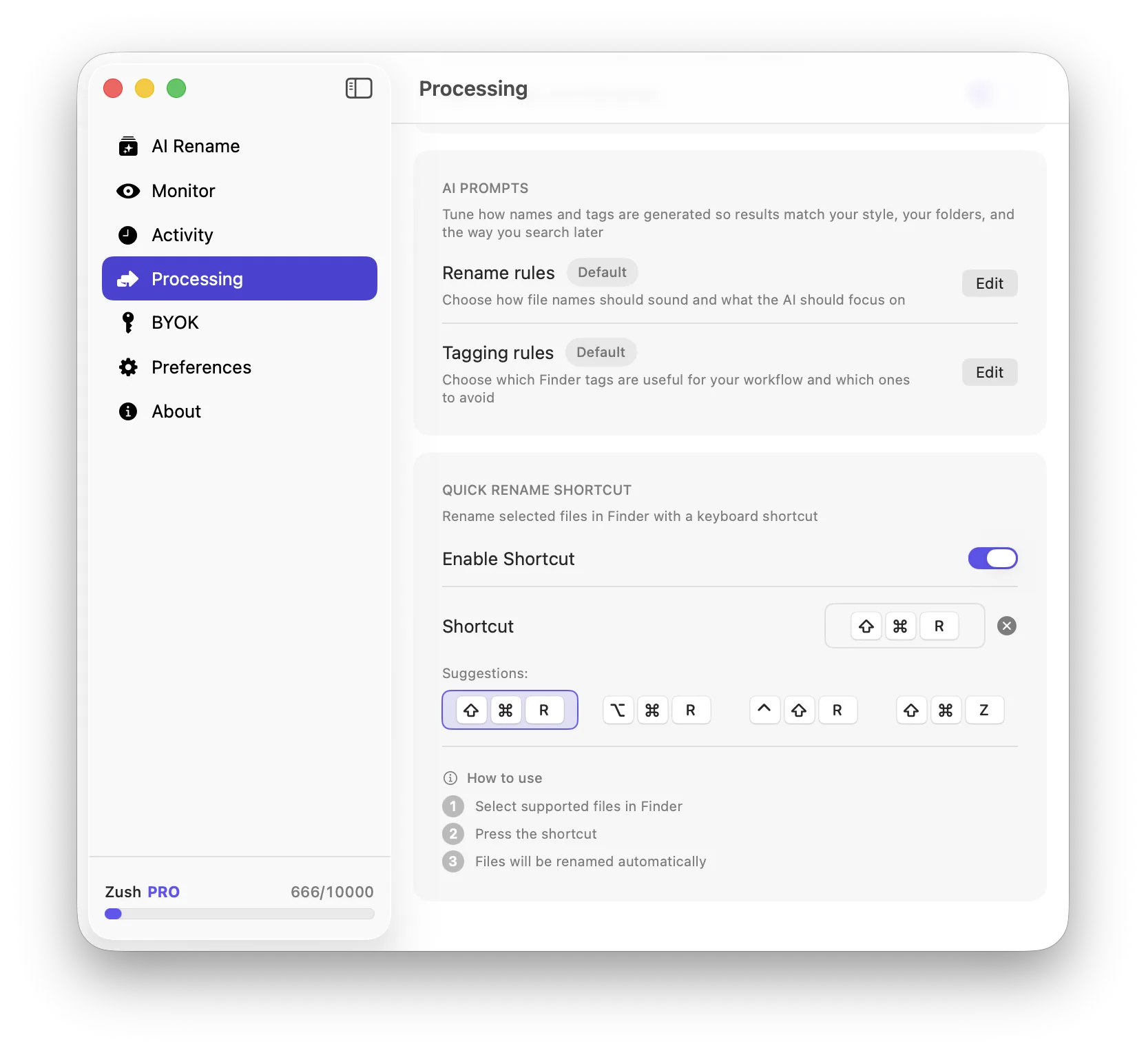 Zush AI processing settings with custom prompts and rename rules