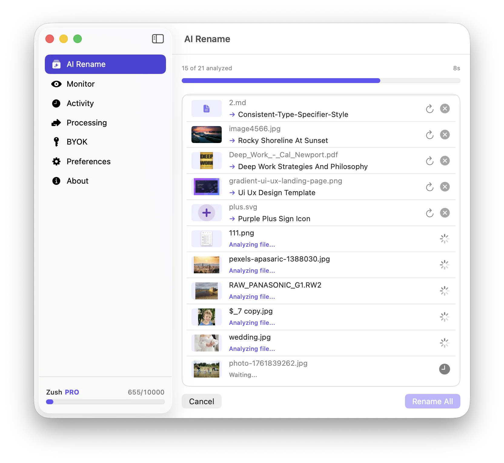 Zush AI analyzing files in progress, showing real-time processing status