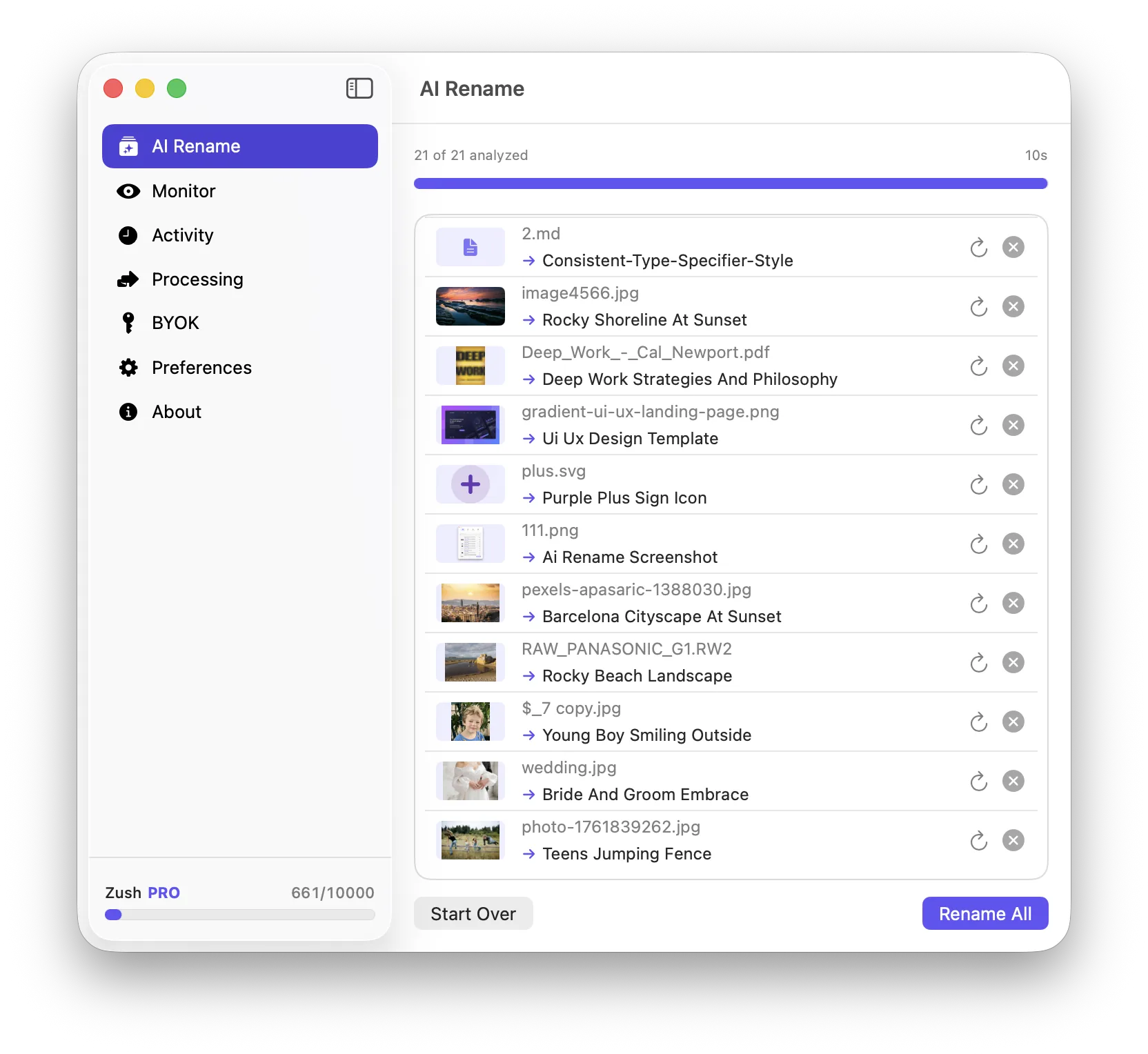 Zush AI rename results showing files with before and after names and green checkmarks