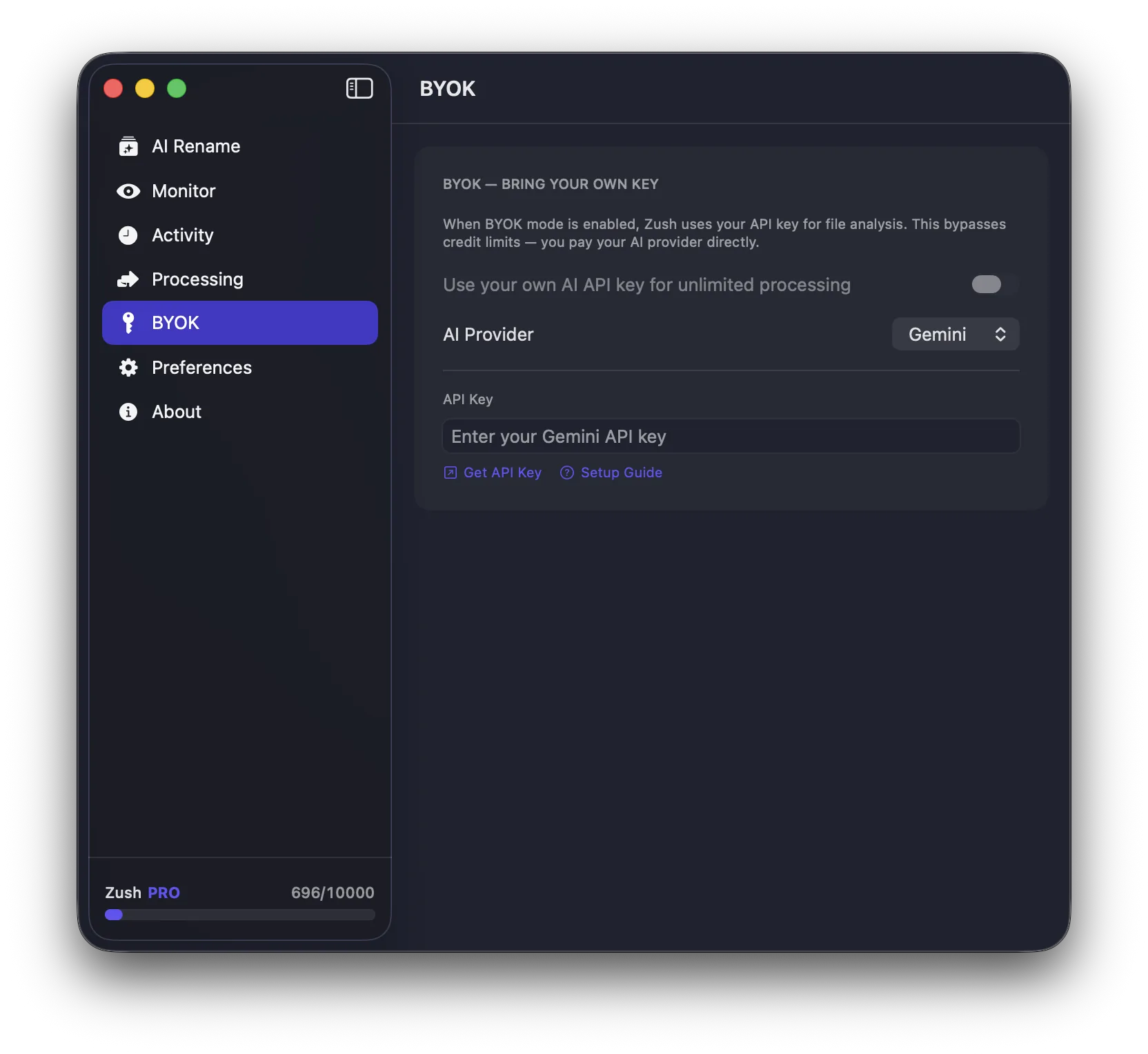 Zush BYOK settings for using your own API key