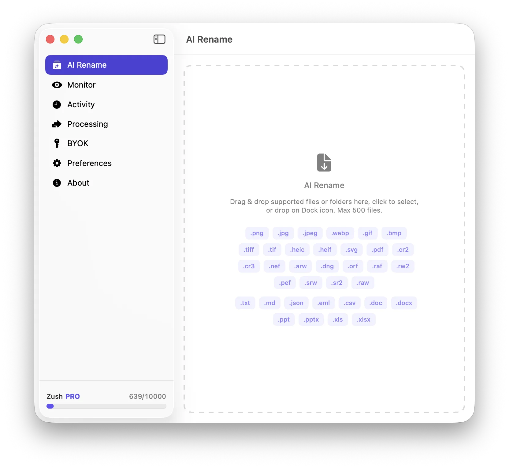 Zush main AI Rename screen showing supported file format badges and PRO features