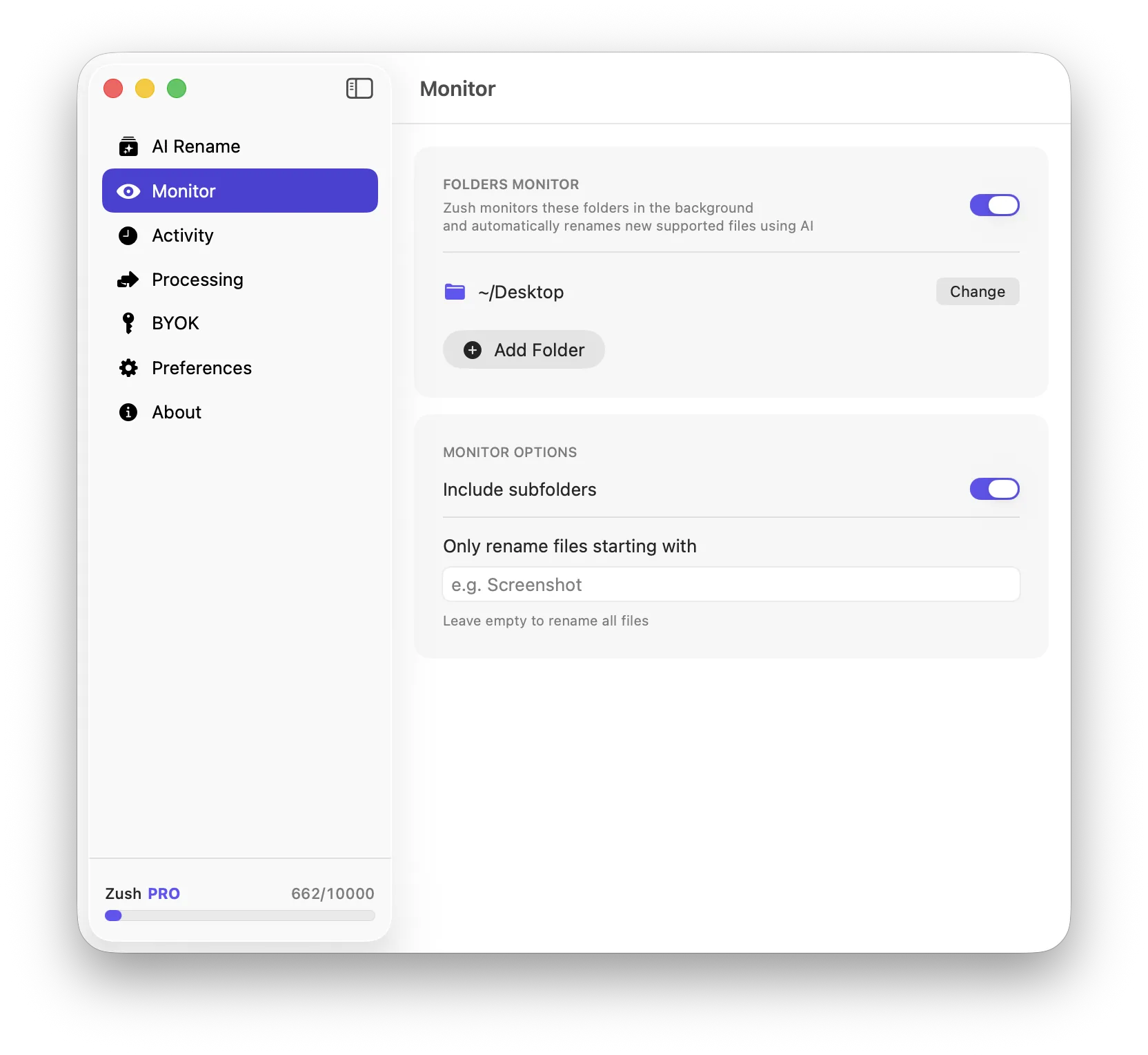 Zush monitor tab showing folder monitoring configuration with Desktop folder selected