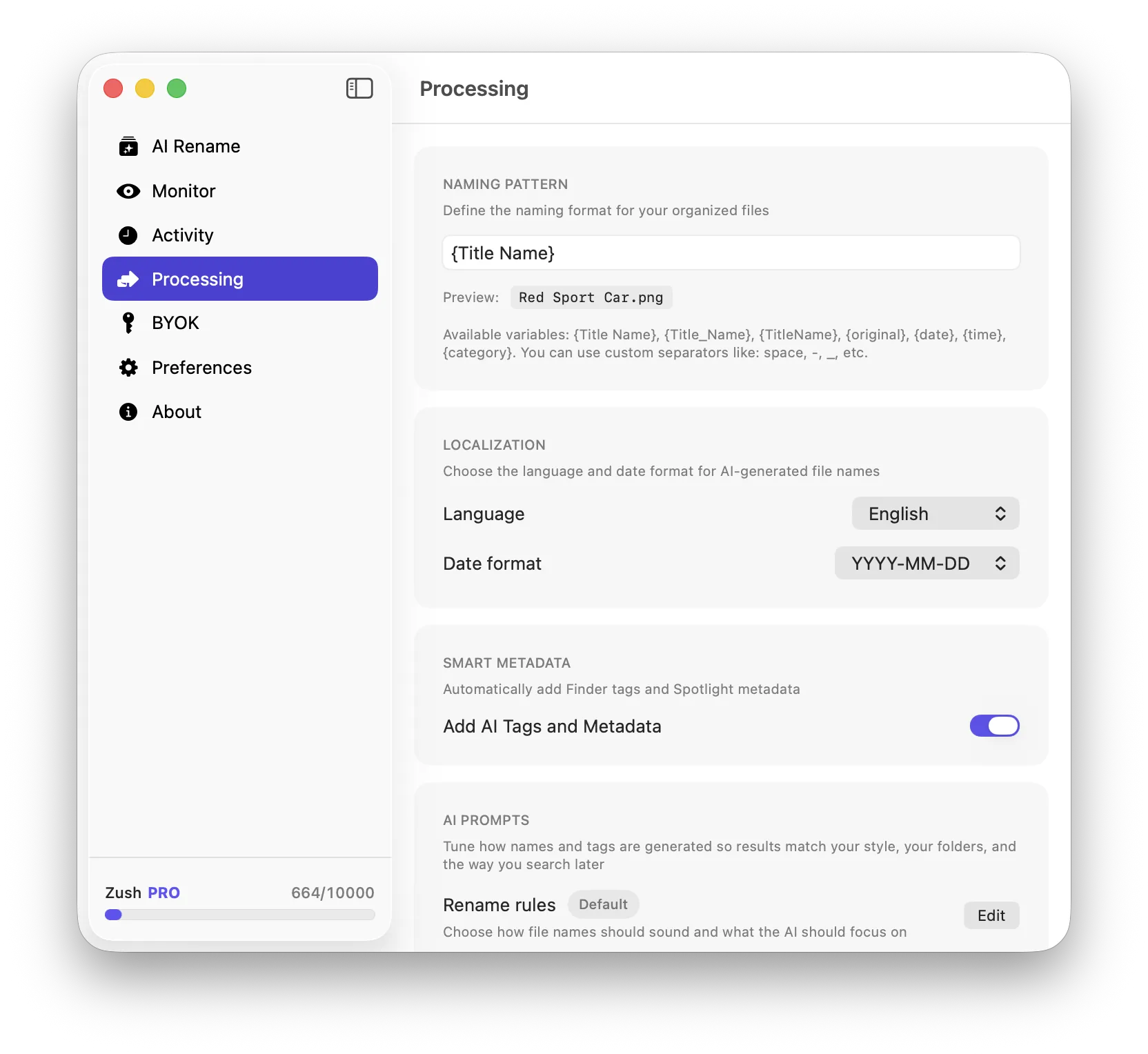Zush processing tab showing naming pattern configuration with title name format and localization options