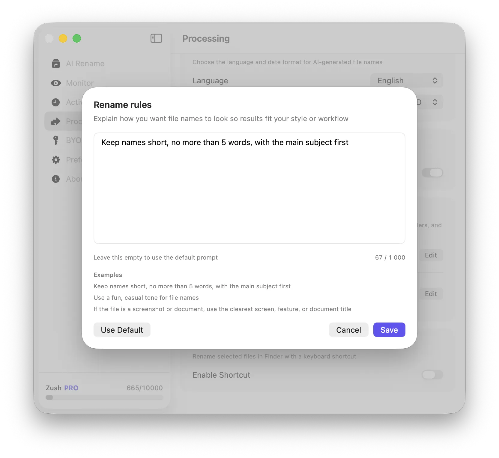 Zush custom rename rules dialog for configuring AI naming behavior