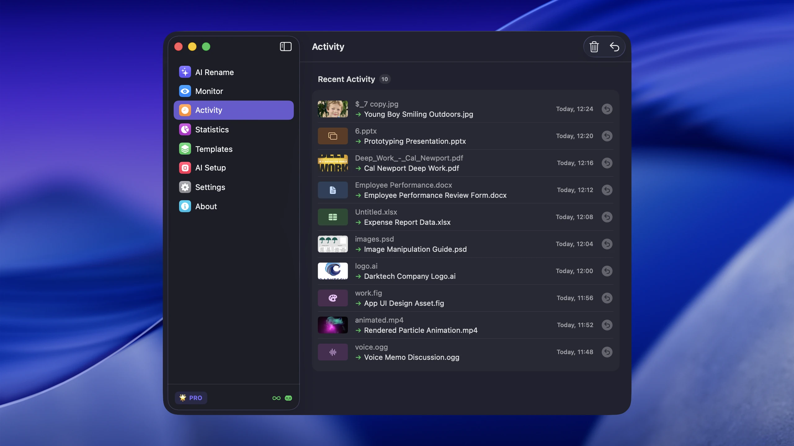 Zush activity tab showing rename history with undo buttons for each file