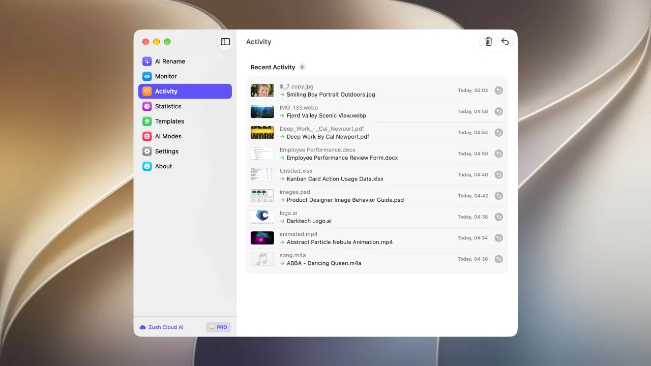 Activity history in Zush for macOS