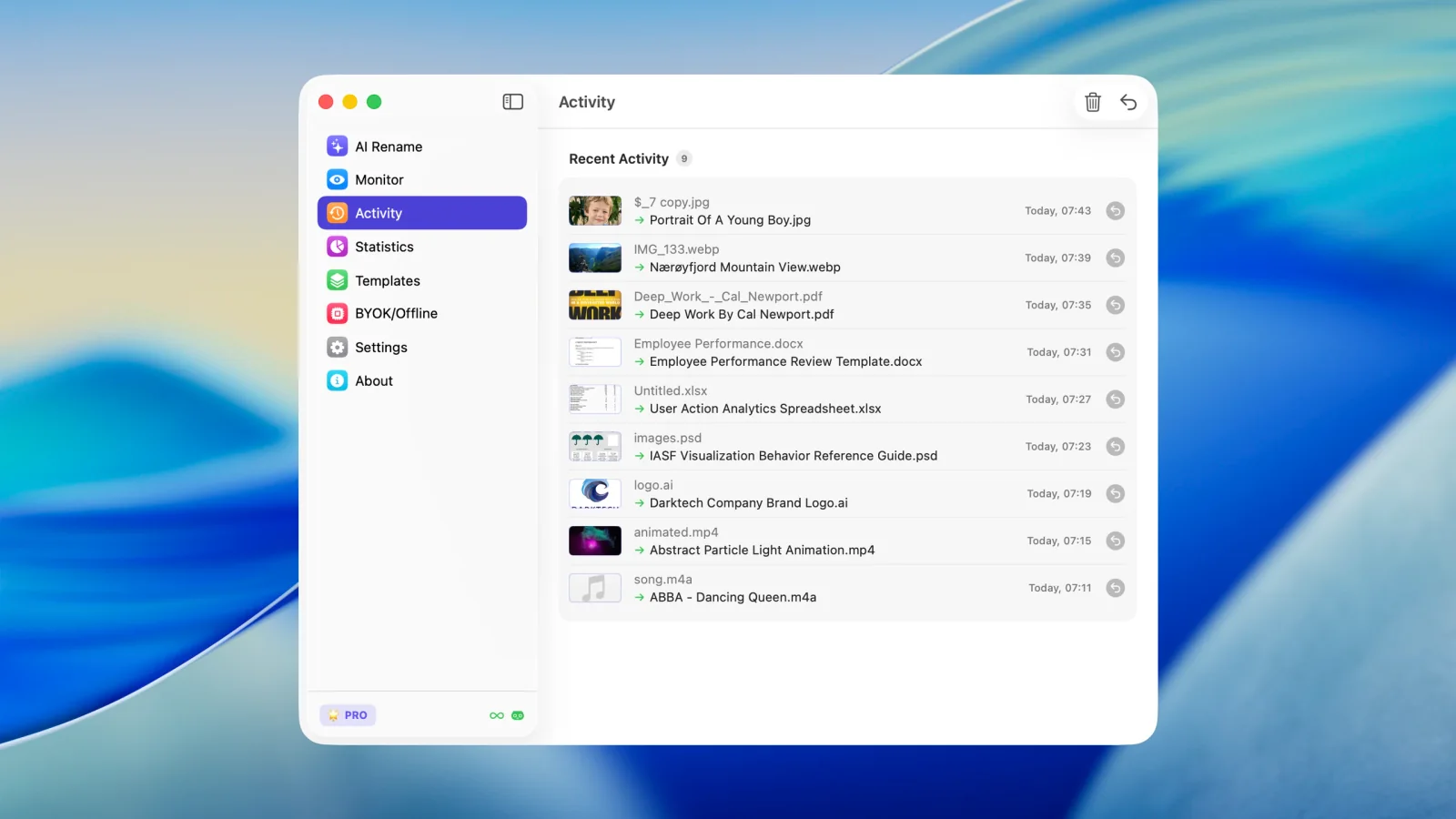 The Zush Activity screen showing previous rename actions and status details.