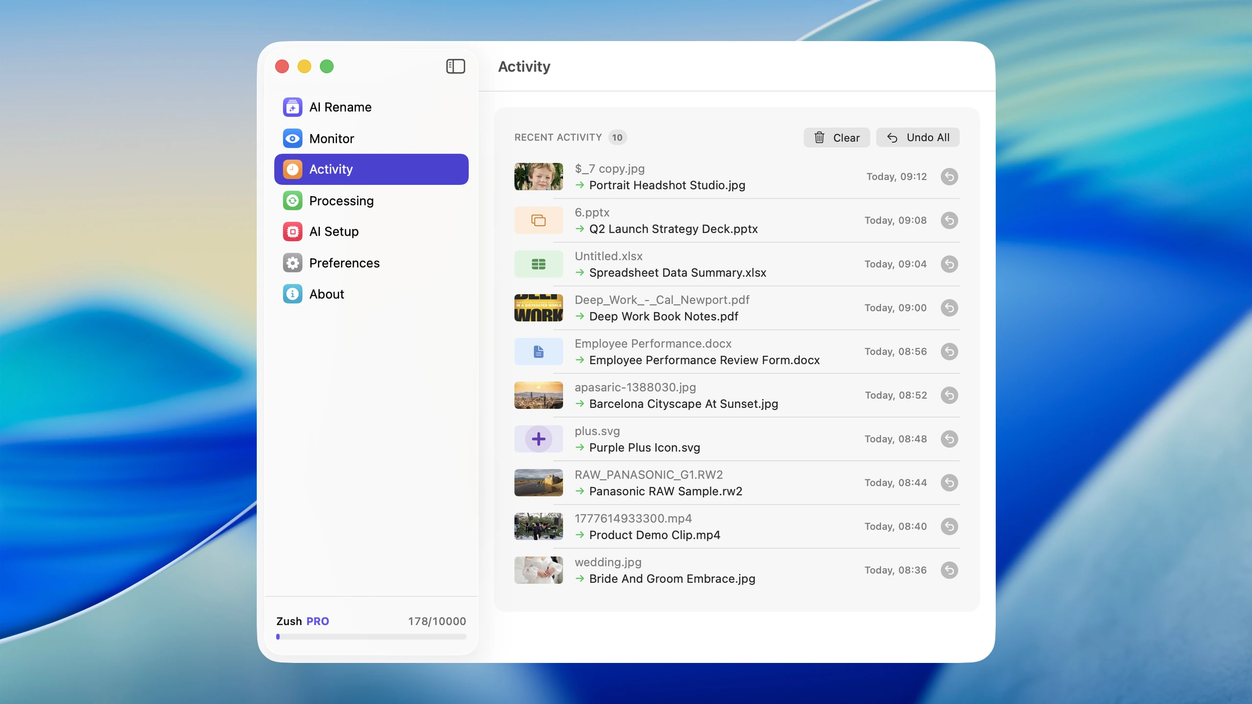 Zush activity tab showing rename history with undo buttons for each file