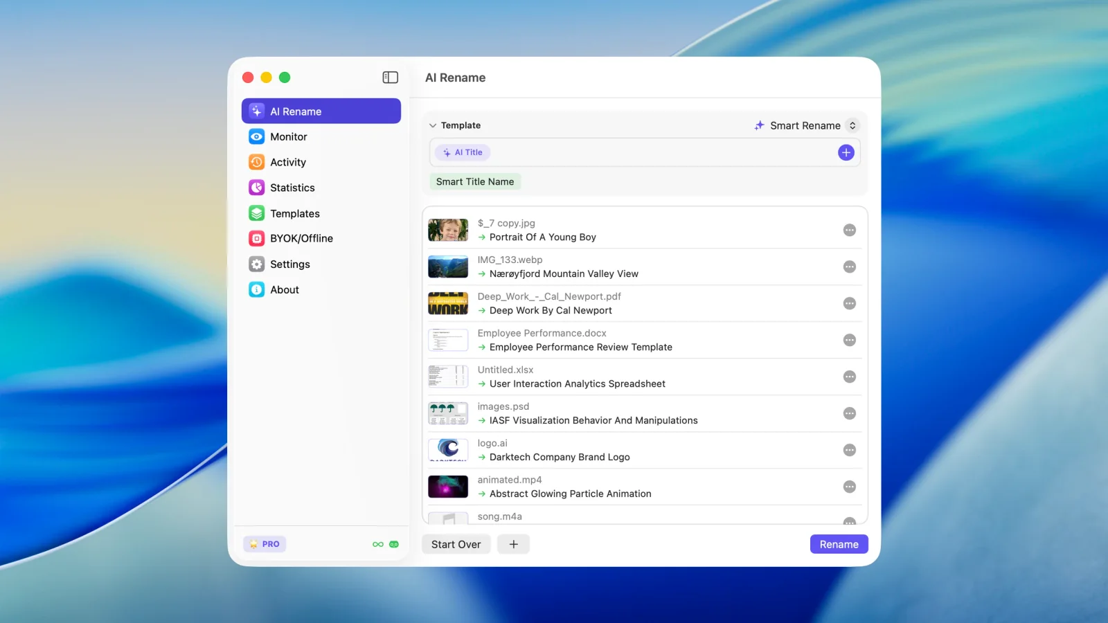 The Zush AI Rename screen with a batch of files and generated filename previews.