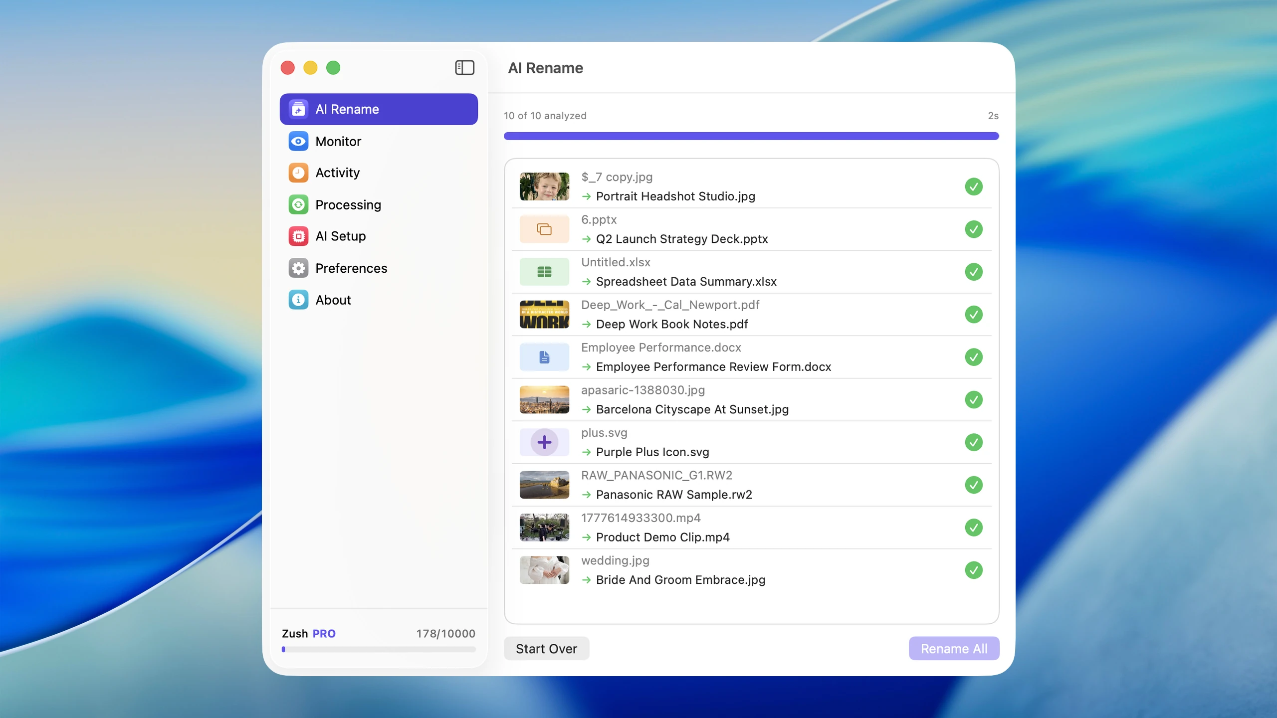 Batch rename results in Zush for macOS