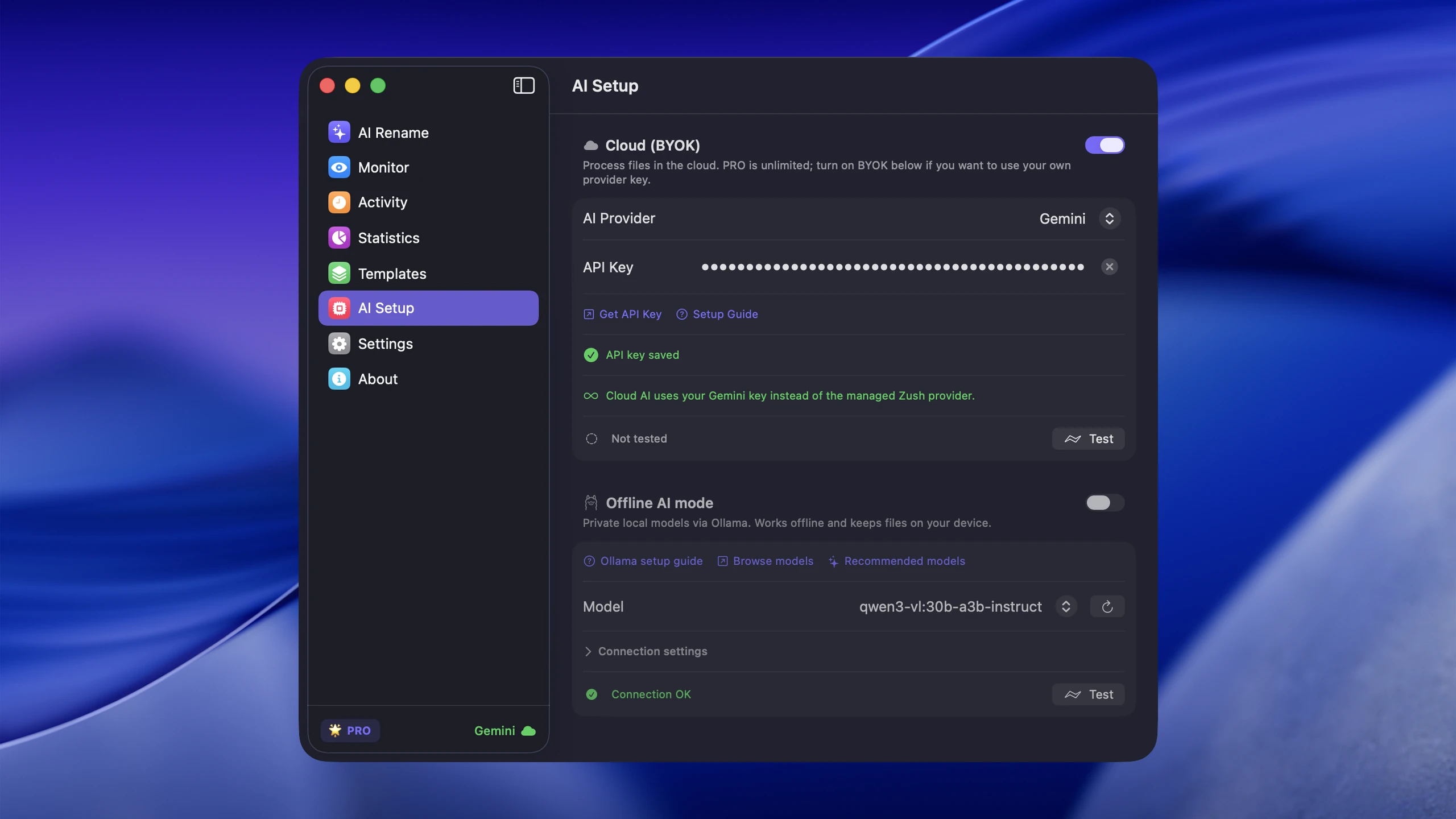 Zush BYOK settings for using your own API key